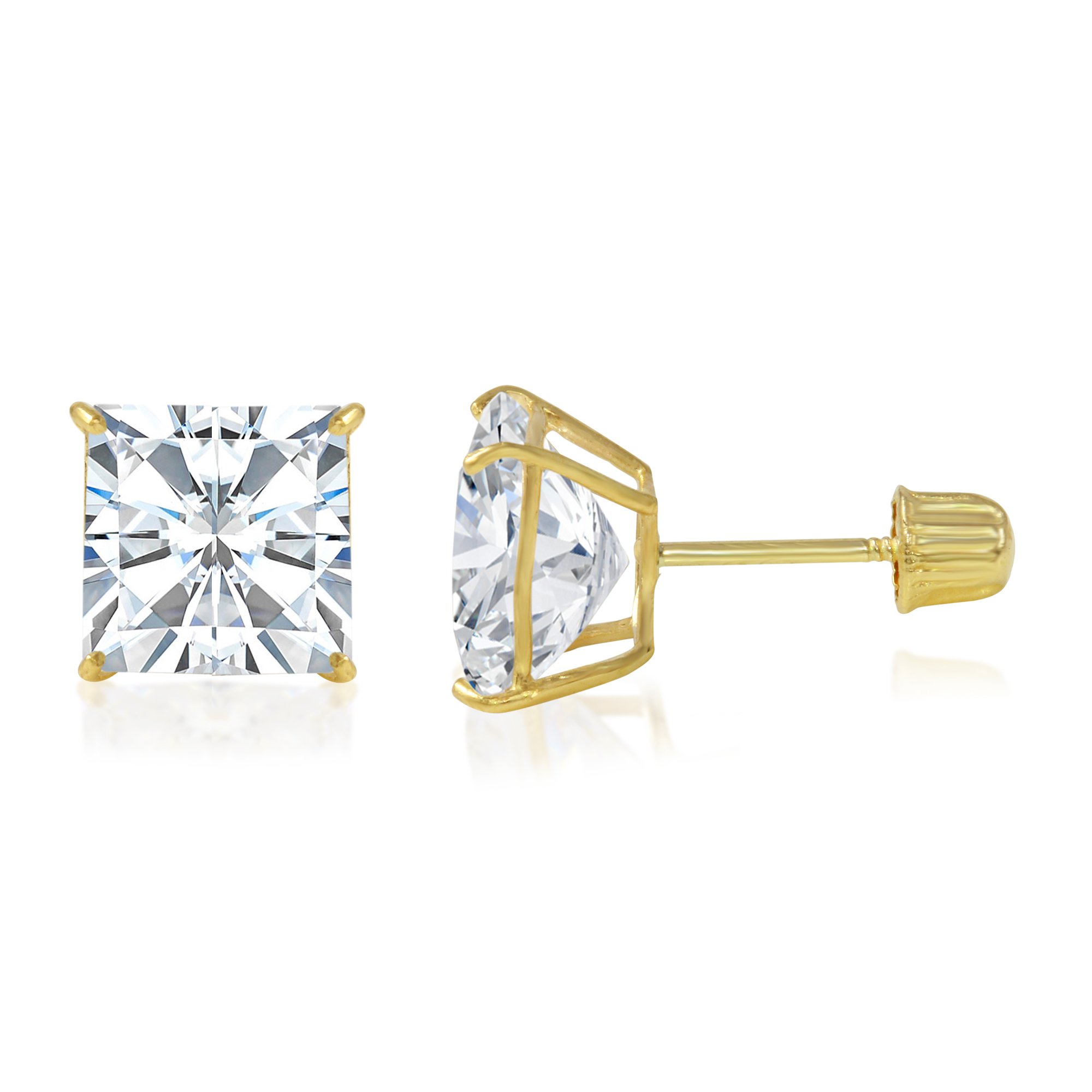 IOKA 14K Solid Gold Princess Cut Cubic Zirconia Stud Earrings with Secure Screw Backs | AAA CZ Square Solitaire Sparkle for Men &amp; Women | Yellow or White Gold (2mm-7mm, 0.1-1.75ct)
