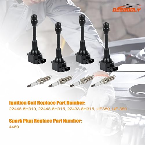 Miniatura 3 de Paquete de 4 bobinas de encendido UF350 y bujías de iridio LFR5AGP compatibles con Nissan Altima Sentra 2002-2006, X-Trail 2005-2006 L4 2.5L