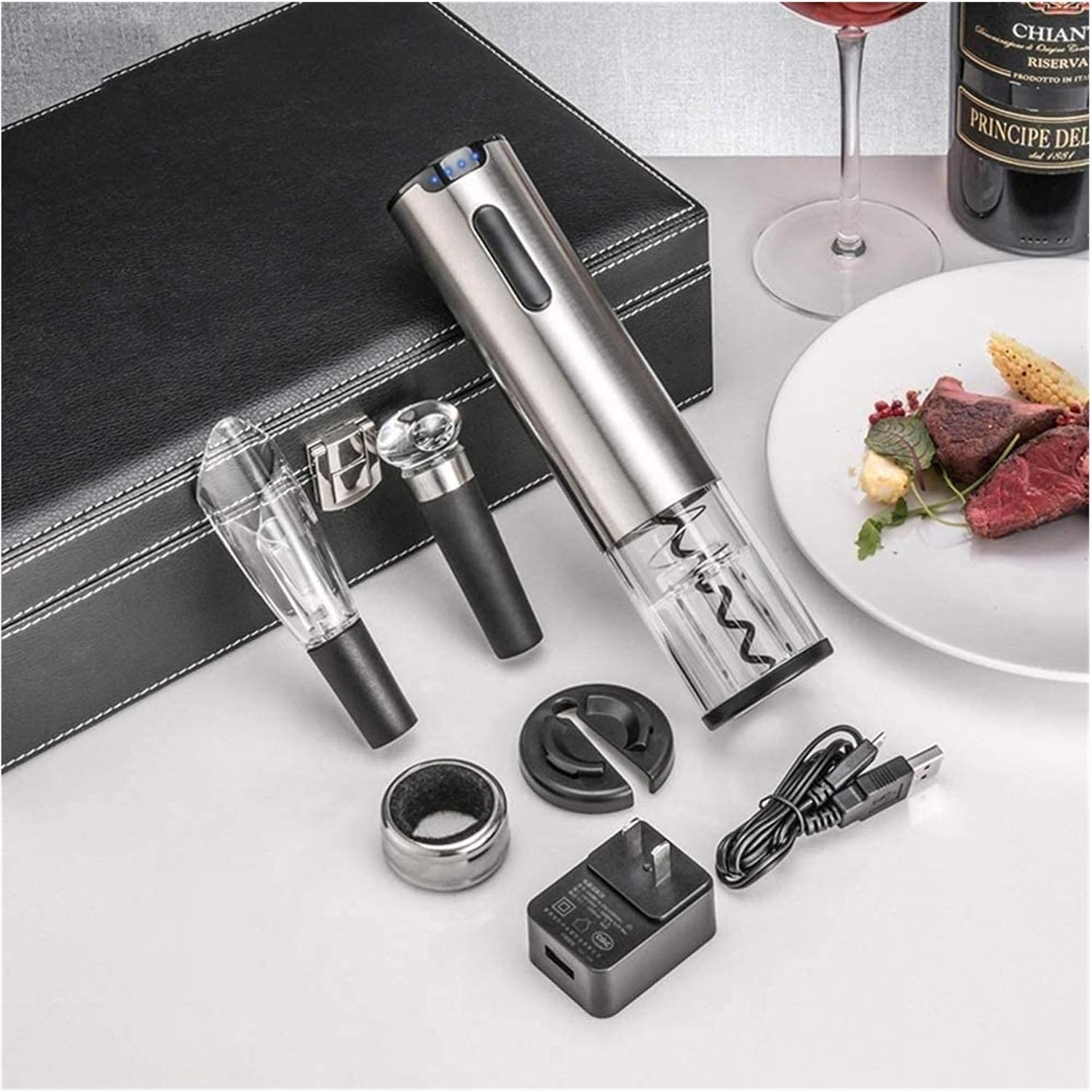 Electric Wine Opener Rechargeable Wine Bottle Opener Stainless Steel Wine Opener Set with Stopper and Wine Aerator