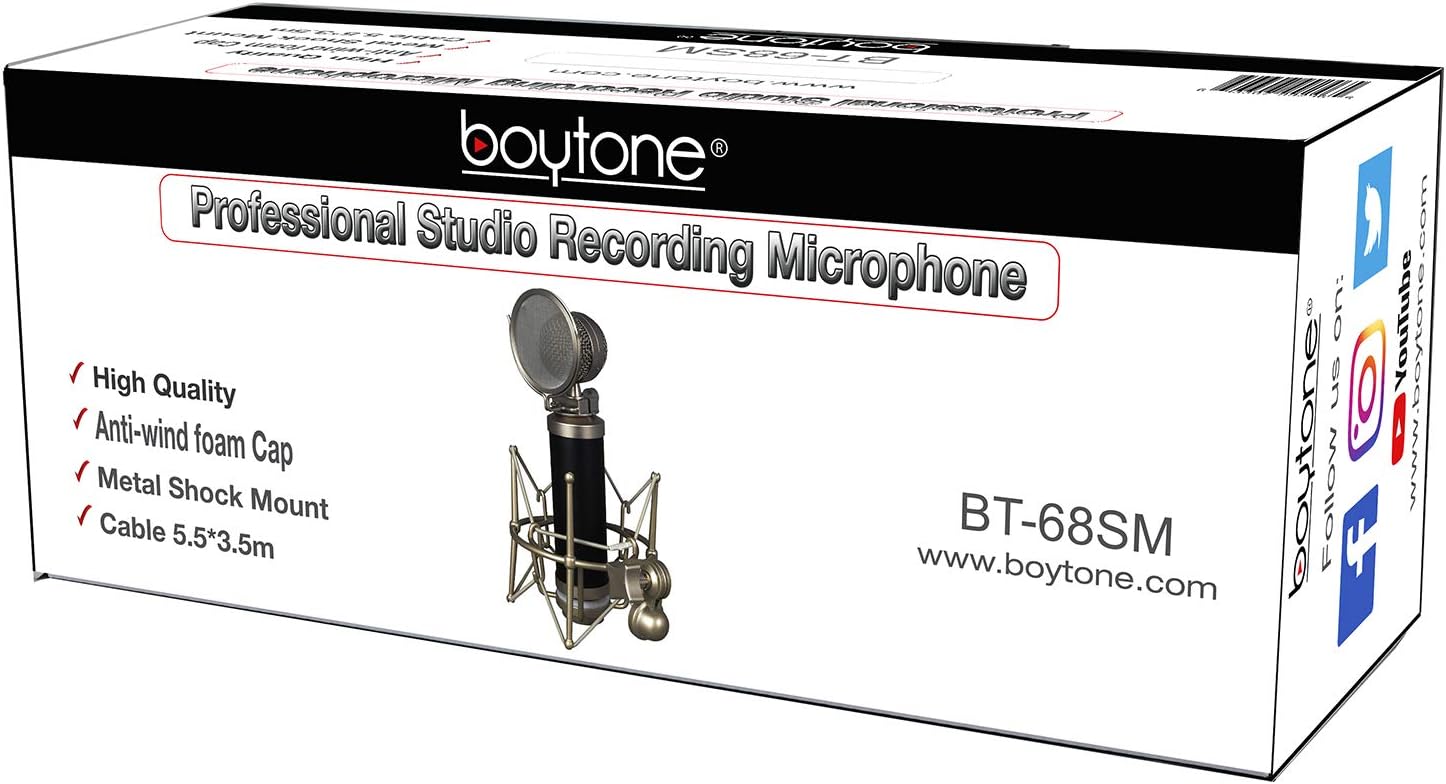 Boytone, Professional Studio Recording Podcast Condenser, Metal Shock Mount, Anti-Wind Cap (BT-68SM)