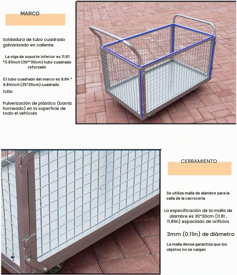 Carretilla de Carga Plegable 4 en 1 con Freno de Bloqueo，BAI You Mei Carro de Plataforma/Rejilla Multiusos con Laterales Desmontables para Almacén Industrial Carga y Equipaje, 100x60cm