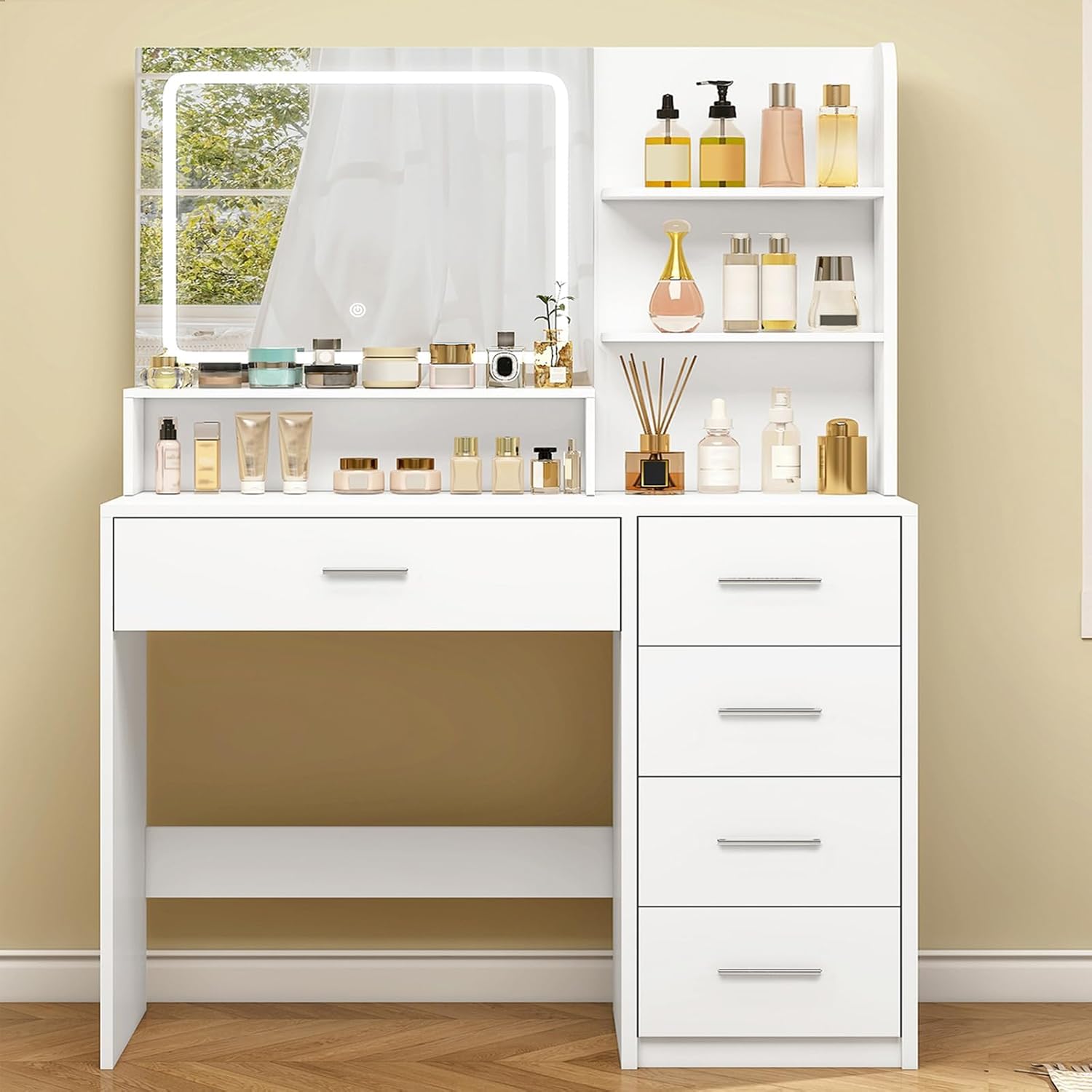 FIONESO Vanity Desk with Touch LIighted Mirror, Makeup Vanity Desk with 5 Drawers & Storage Shelves, Vanity Table, 3 Color Modes & Adjustable Brightness Dressing Table, Bedroom