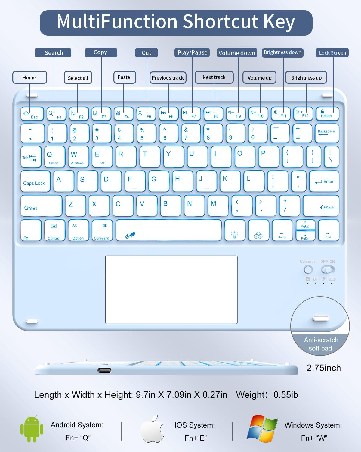 for iPad (A16) 11th 10th Generation Case with Keyboard, 7-Colors Backlit, Folio Cover with Pencil Holder, Multi-Touch Trackpad, Detachable Keyboard for iPad 11/10.9-inch 2025/2022 (Sky Blue)