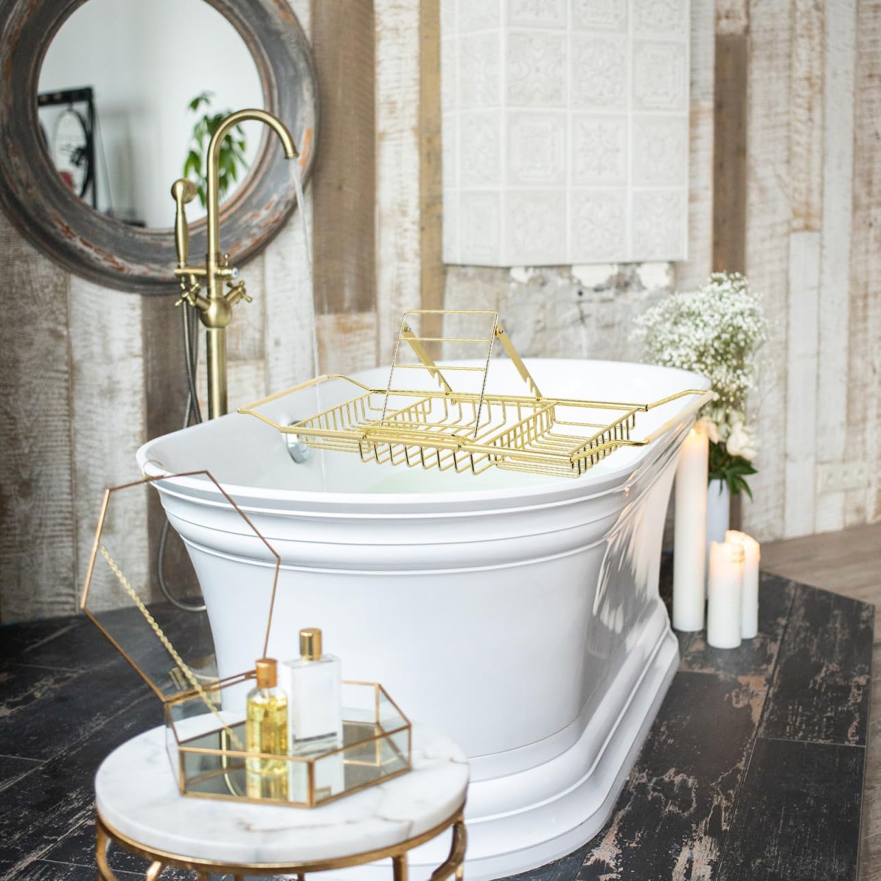 Stainless Steel Bathtub Rack with Skid Holder Versatile Bathroom Tray for Tablets Books Wine Glasses and Phone Golden Finish Multipurpose Storage Stand for Spa and Home Bathing