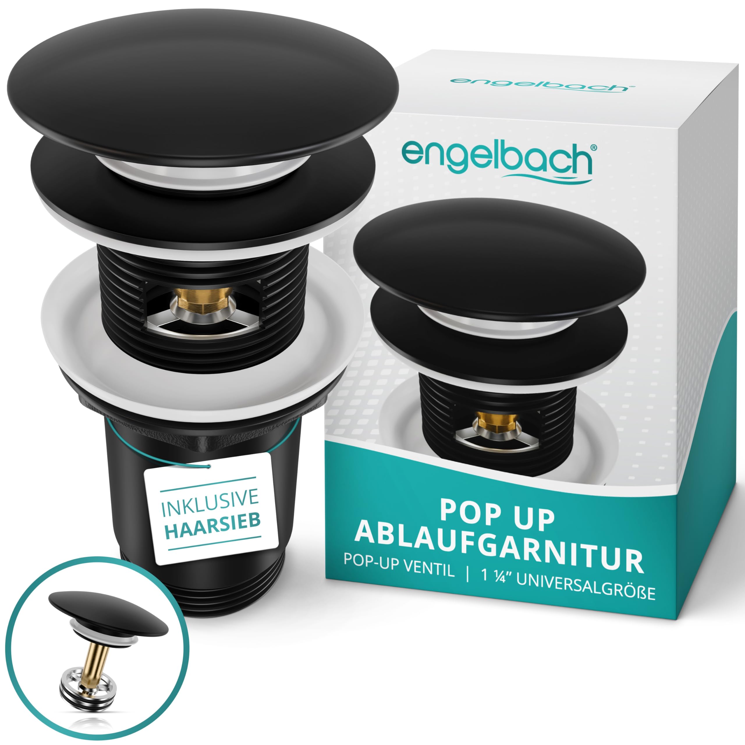 Engelbach® Universal Waschbecken Ablaufgarnitur - Pop up Ablaufventil mit Überlauf (Auch für Waschtische) Herausziehbarer Stöpsel mit Haarsieb - inklusive Einbauanleitung