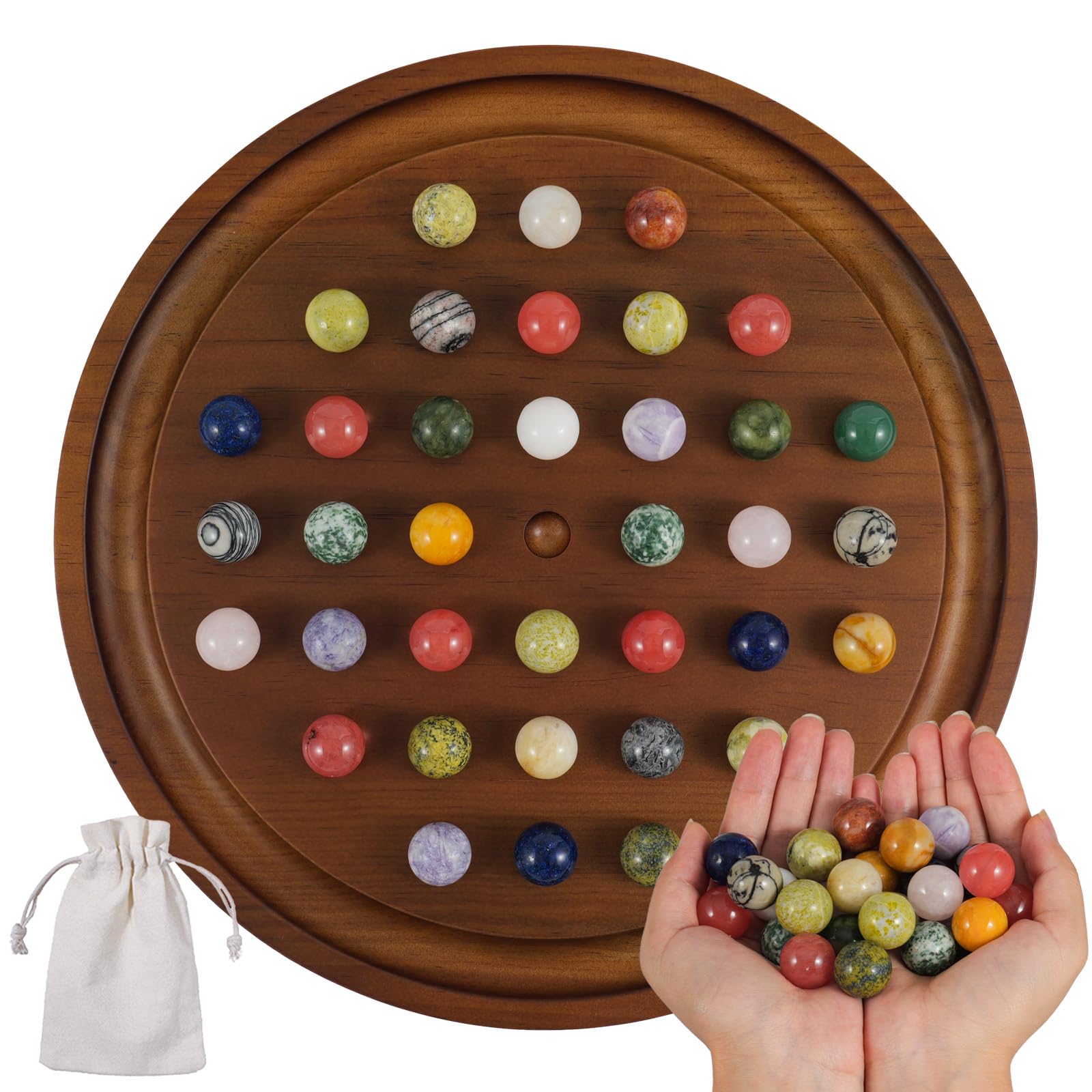 Solitaire Game，12.6 inch Large Luxury Marble Game ，Thickened Solid Wood Board，with 36 Natural Gem Marbles，Higher Difficulty Solitaire