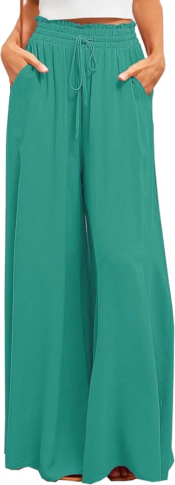 TONCHENGSD Womens Drawstring Elastic High Waist Wide Leg Pants with Pockets