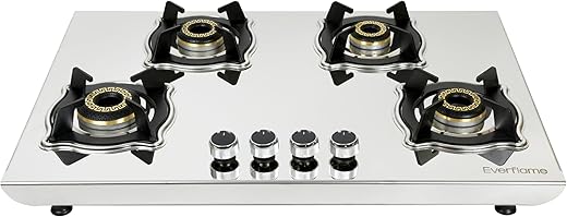 Everflame Marvel Gas Stove | 4 Burner Steel Stove | 6G Brass Burners | Manual Ignition | Italian SABAF Valve | 5 Years Warranty on (Body & Burners)…