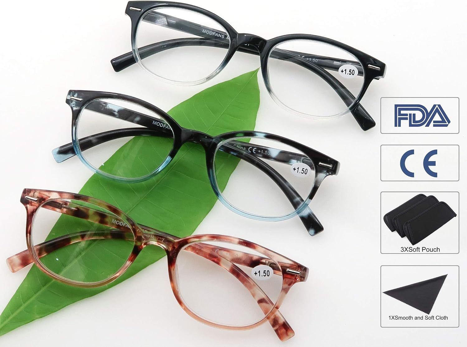 MODFANS Women Reading Glasses 3.5 3 Pair Stylish Ladies Readers with Comfort Spring Hinge Pattern Design for Fashion Women Reading Pouch Included - Image 3