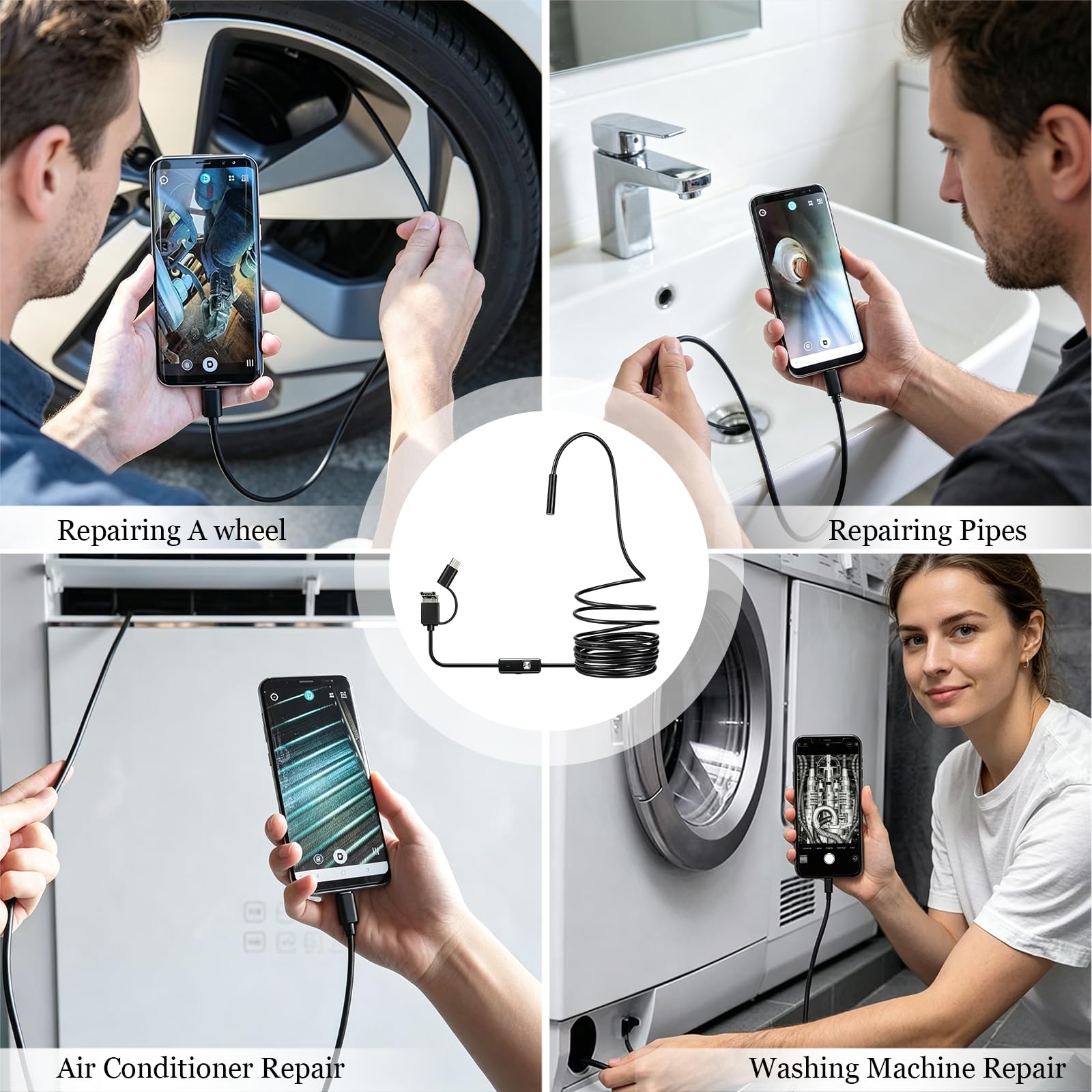 Endoscopio per Smartphone con Luce，Doppia Lente 1920P HD Telecamera Endoscopica，IP67 Impermeabile Telecamera Ispezione Tubi con Cavo Semirigido da 5 M per Android e iOS
