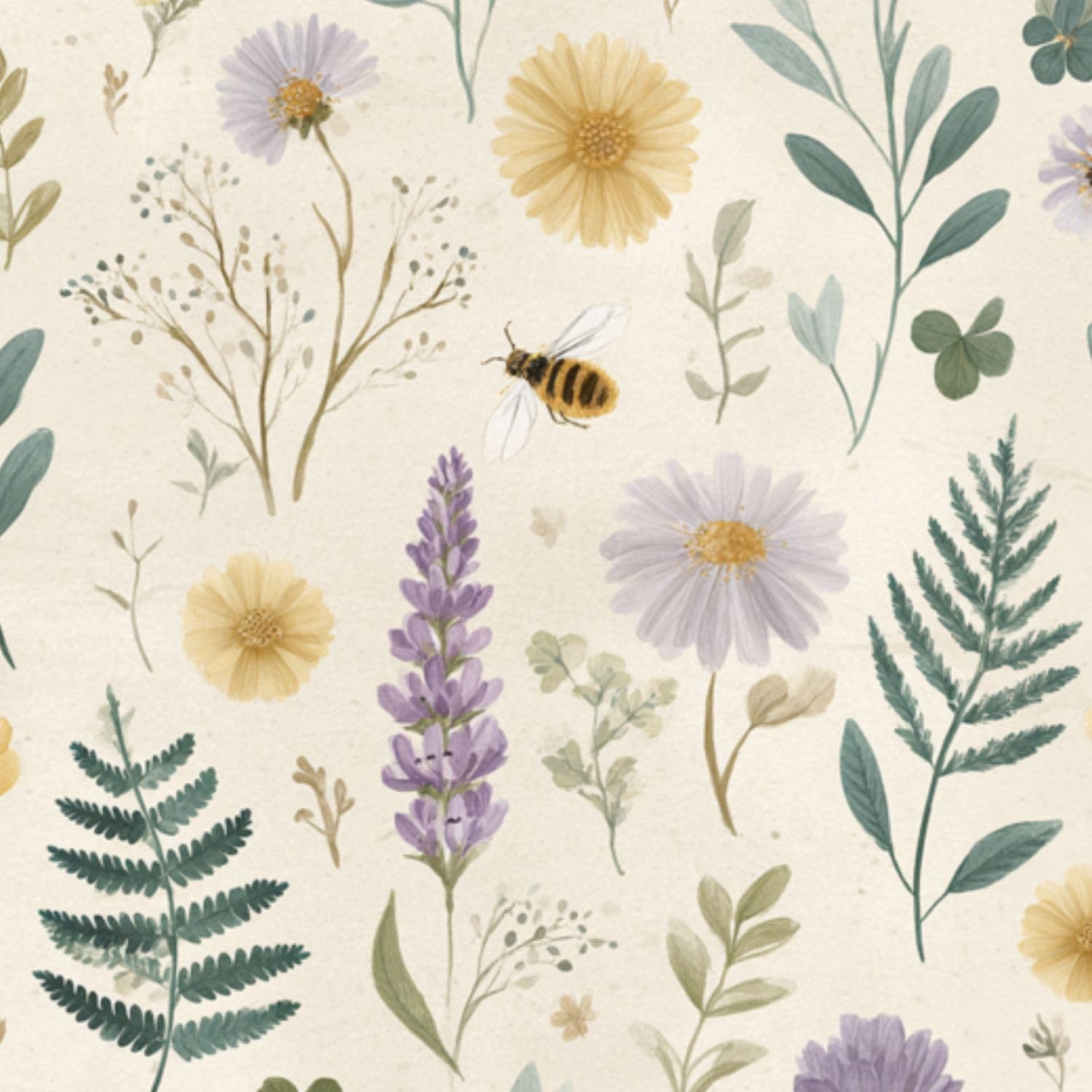 DERUINVAIO Self Adhesive Feature Removable Botanical Meadow Bees Fern Peel and Stick Vinyl Wallpaper Roll, Sticky Lining Paper for Bedroom, Living Room, Kitchen Walls