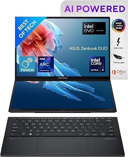 ASUS Zenbook Duo OLED (2024), 14″ (35.56cm) FHD OLED Touch Display, Intel Core Ultra 9 185H, Built-in AI, Dual Screen Laptop (32GB/1TB SSD/Intel…