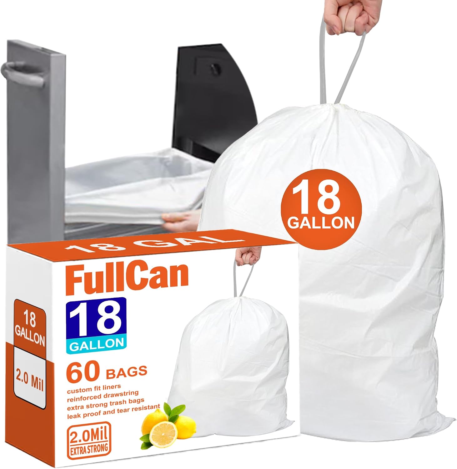 18 Gallon 2 Mil Lemon Scent Compactor Heavy Duty Trash Bags 60 Count Reinforced Drawstring Compactor Liners Fit 18 Gallon Compatible with Kitchenaid, Whirpool, GE 15 Inch Compactors GRAND SAVE!
