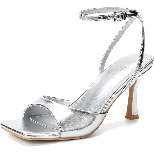 Goderci Womens Kitten Heel Sandals Square Open Toe Stiletto Heels | 3.15 Inch Heel, Ankle Strap Buckle, Sexy Dressy Shoes, for Wedding, Bridal, Party, Prom, Daily