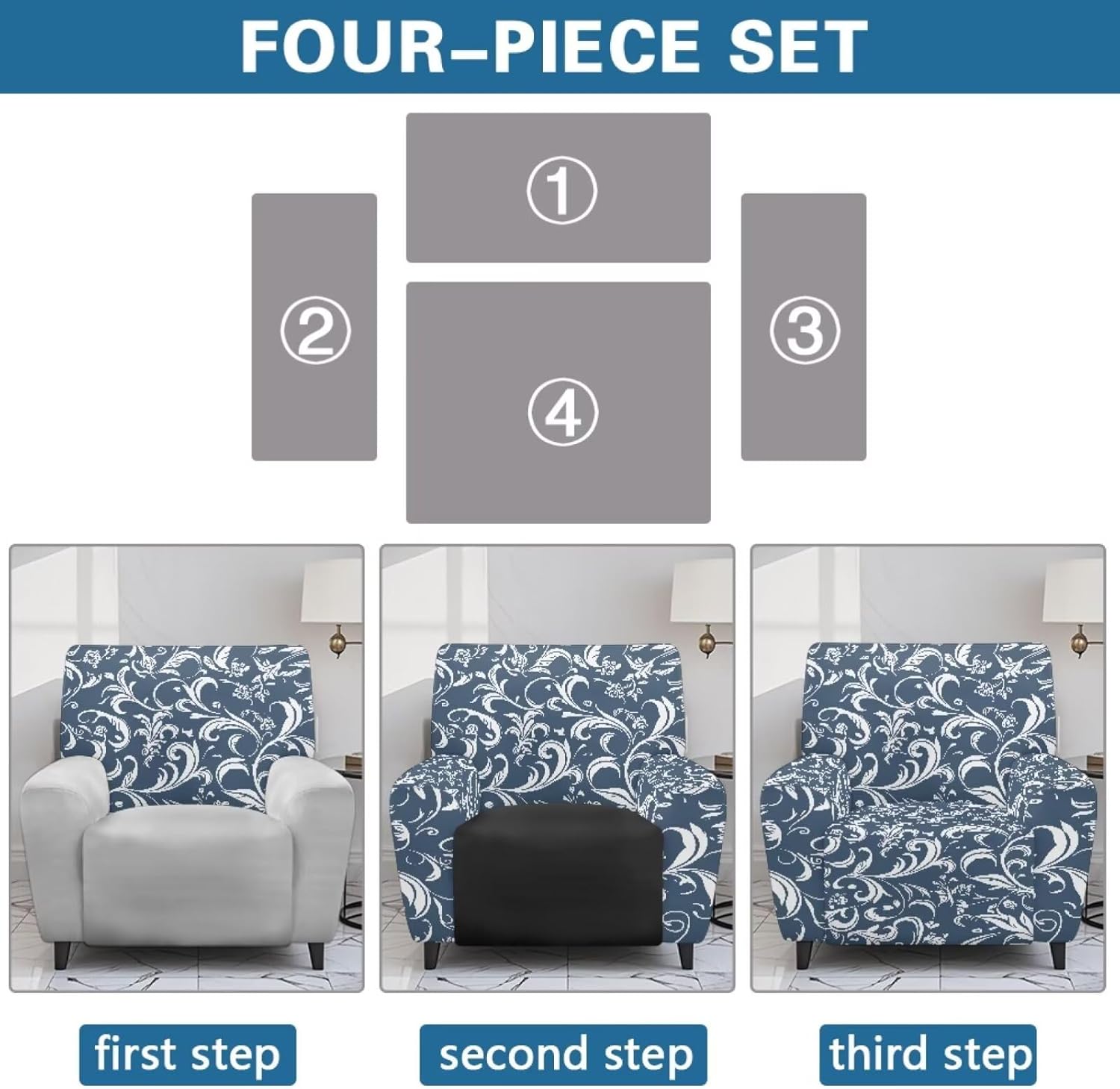 Recliner Cover Recling Chair Slipcover Retro Blue Flower Leaf Print Sofa Couch Covers 4 Pcs Breathable Furniture Protector for Lazy Boy Chair