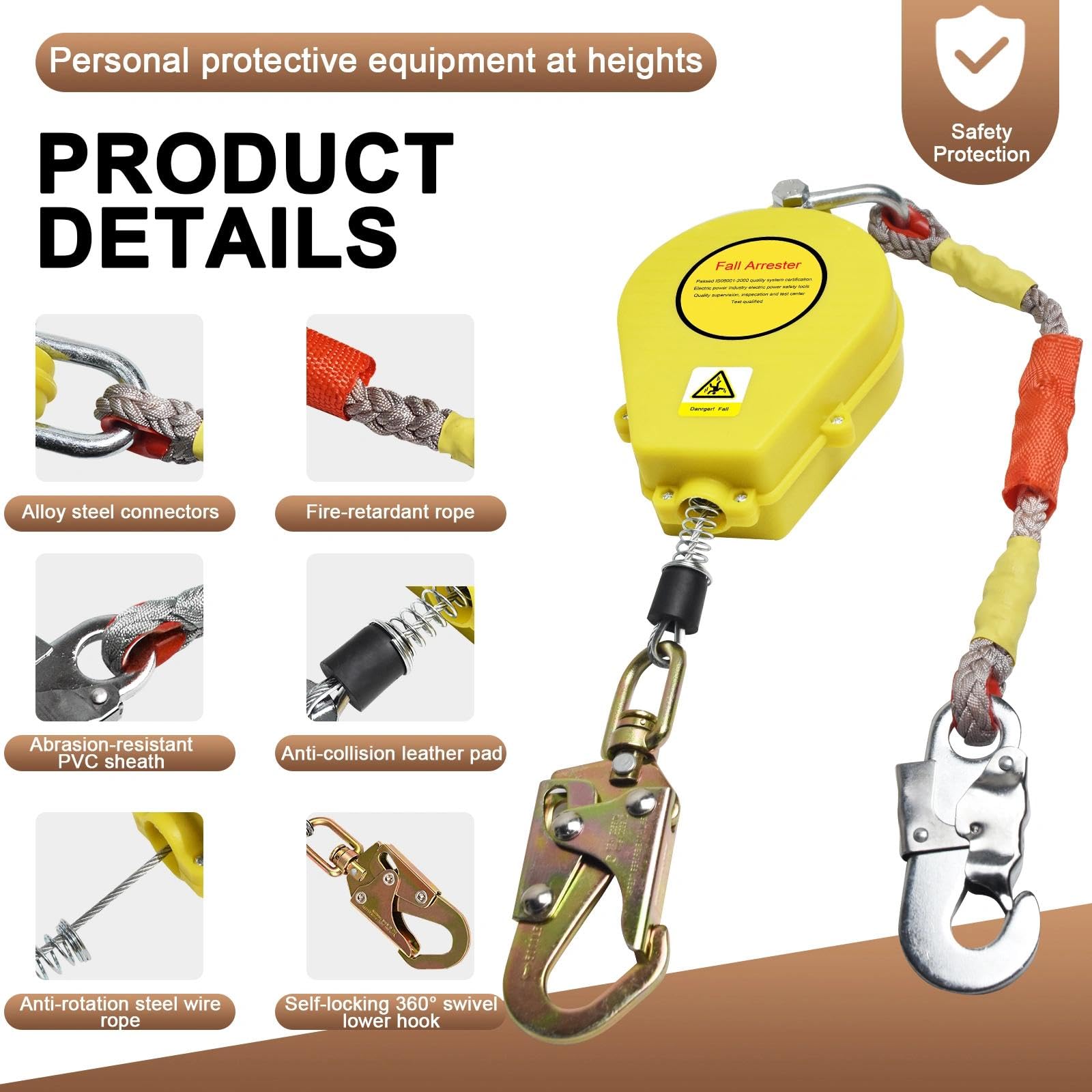 Dispositif Anti Chute Retractable, Stop Chute à Rappel Automatique 10m, 150kg Kit Harnais Anti Chute avec Certifié CE pour Toiture, Crochet Pivotant Amélioré - Mousqueton，Jaune：10m