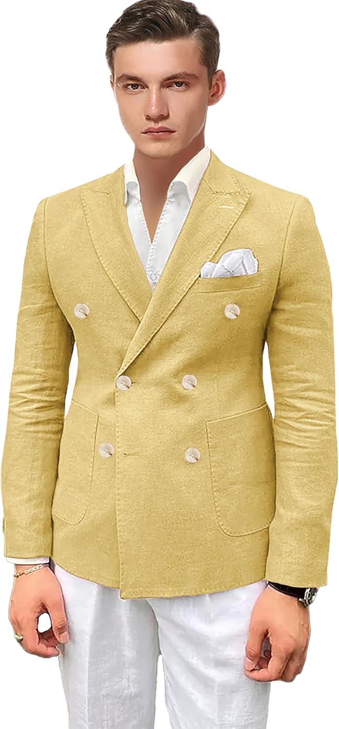 Men's Linen Blazer Lightweight Double Breasted Casual Jacket Summer Sport Coat (Yellow,44R)
