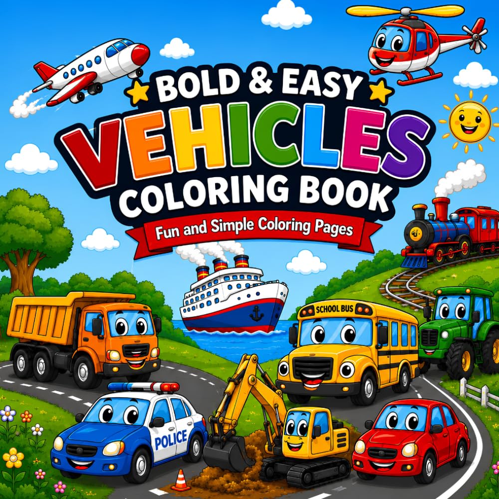 Bold and Easy Vehicles Coloring Book for Kids: 40 Fun and Simple Coloring Pages Featuring Cars, Trains, Airplanes, Boats and More