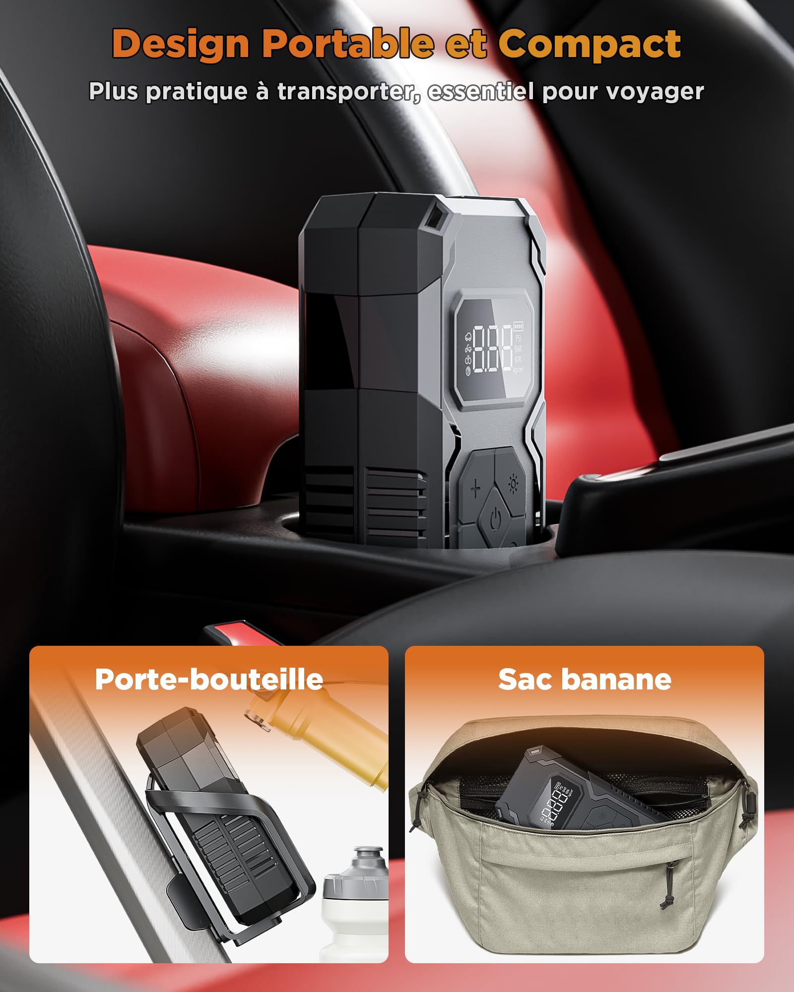 Gonfleur Pneus Voiture, Compresseur à Air Portatif sans Fil, 150 PSI (10,3 Bar), Pompe À Velo Électrique, Arrêt Automatique, LED, avec Tuyau de 60 cm, Noir