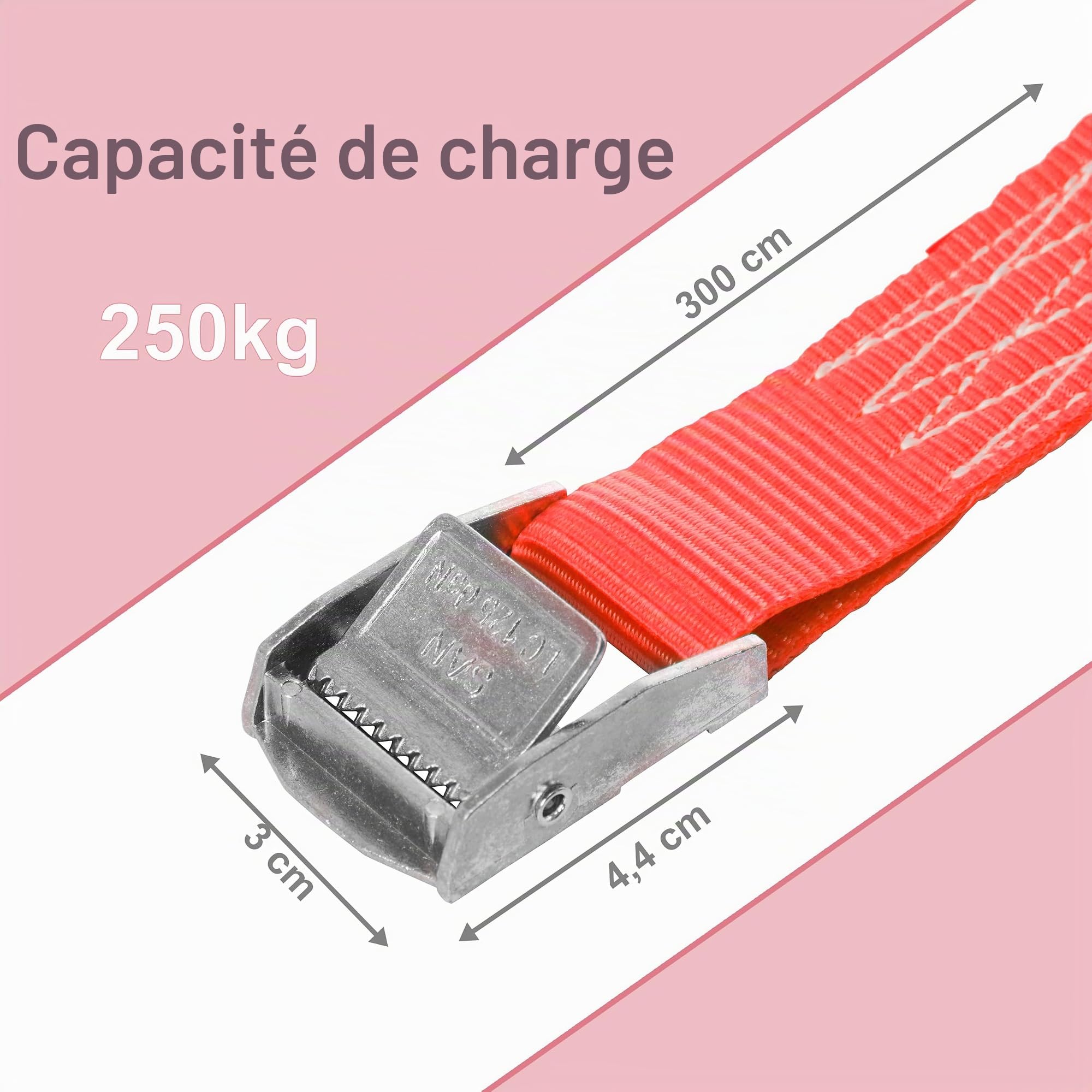 Lot de 6 Sangles d'arrimage avec Boucle, Ceinture à Blocage par Serrage, Sangles de Fixation Charge Max. 250 kg, Selon DIN en 12195-2, Longueur 3m Largeur 25mm, en Une pièce, Rouge