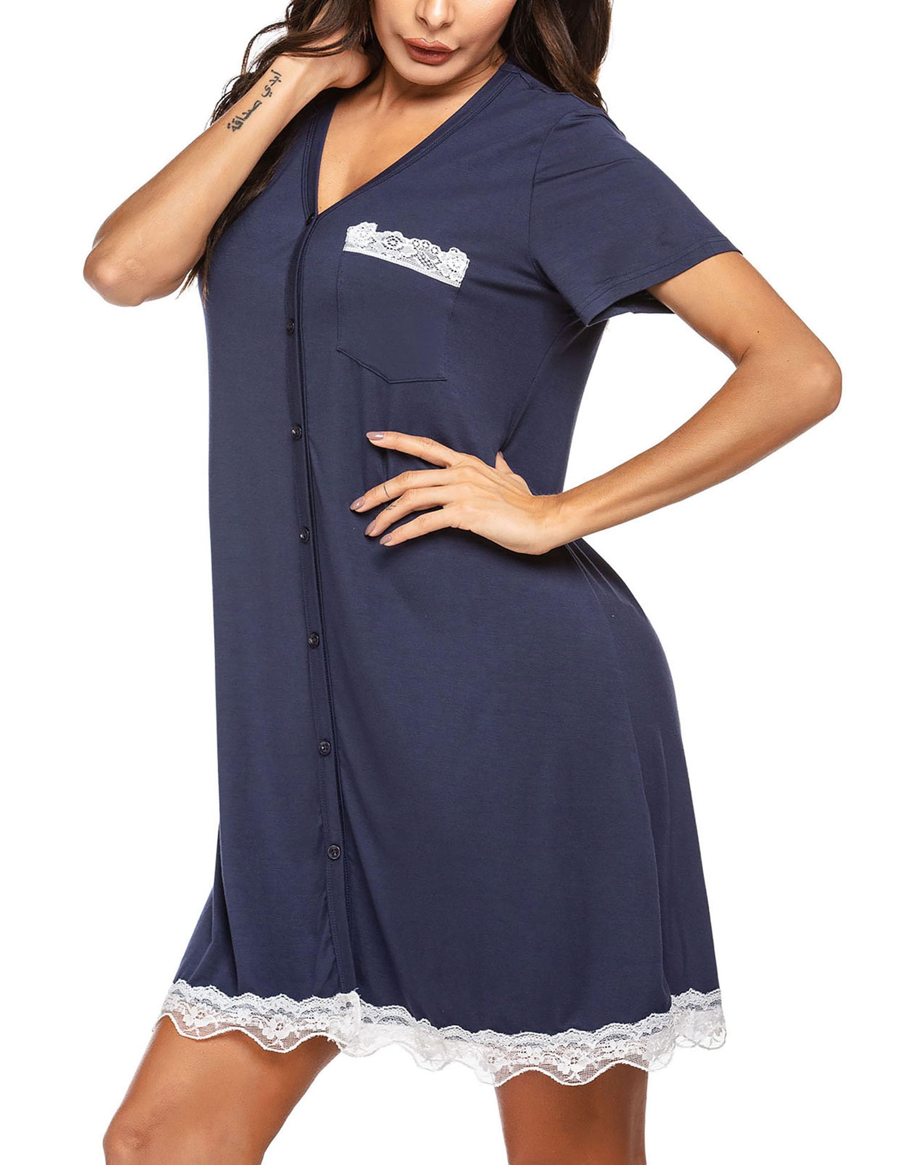 Ekouaer Camicia da Notte Allattamento Donna Maniche Corte Pigiama Sexy Premaman Nightdress Bottoni Pizzo, S-XXL