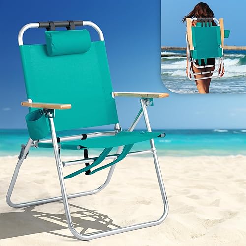 Miniatura 8 de VINGLI Silla de playa de aluminio de 13 pulgadas, sillas de playa altas para adultos, portátil con correas ajustables, reclinable de 3 posiciones,