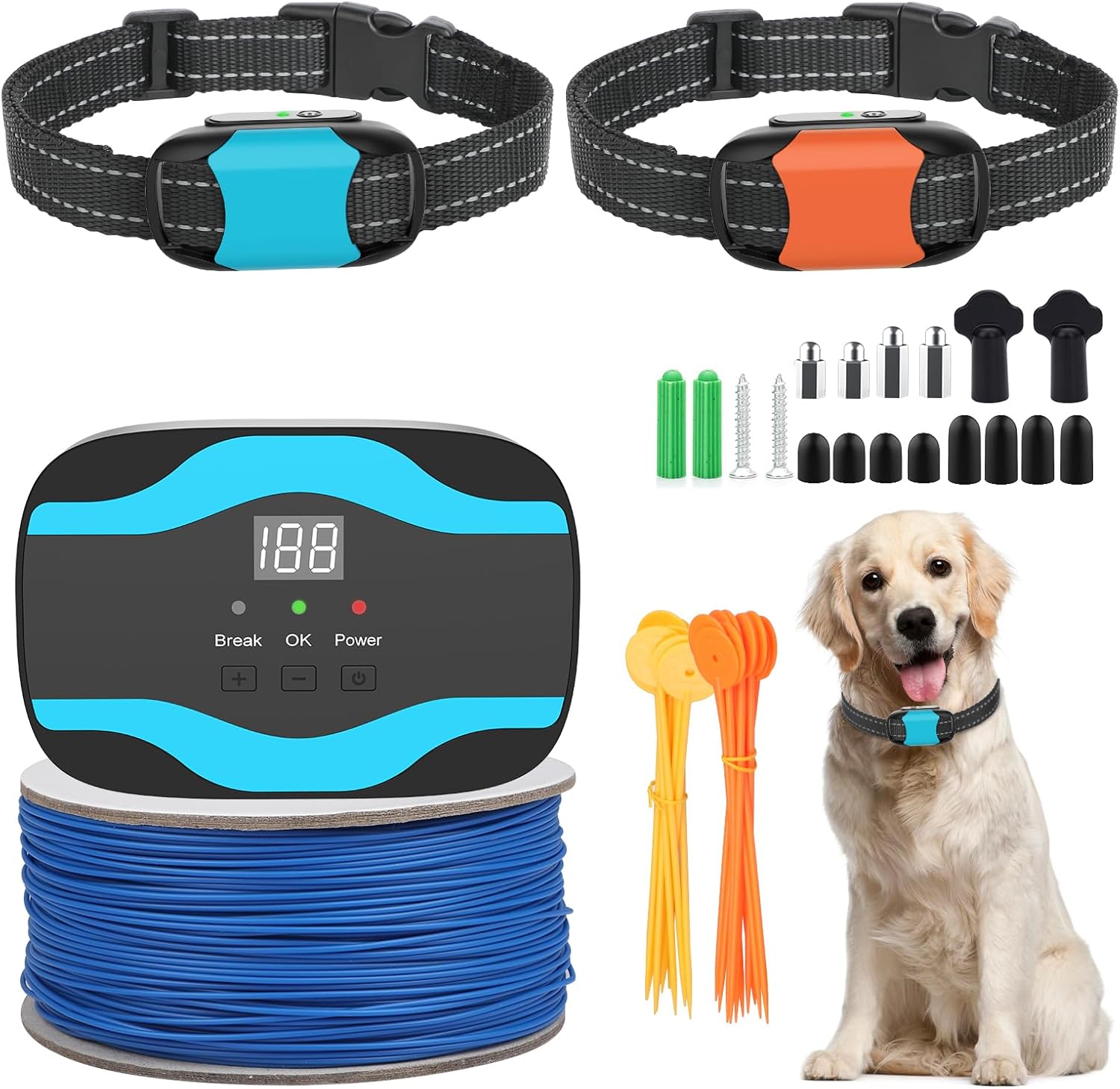 RUXAN Underground Dog Electric Fence for Dogs, Electric In Ground Dog Fence Containment System Aboveground Pet Containment System with Waterproof Collar Receivers Covers up to 3/4 Acre for two dogs Blue