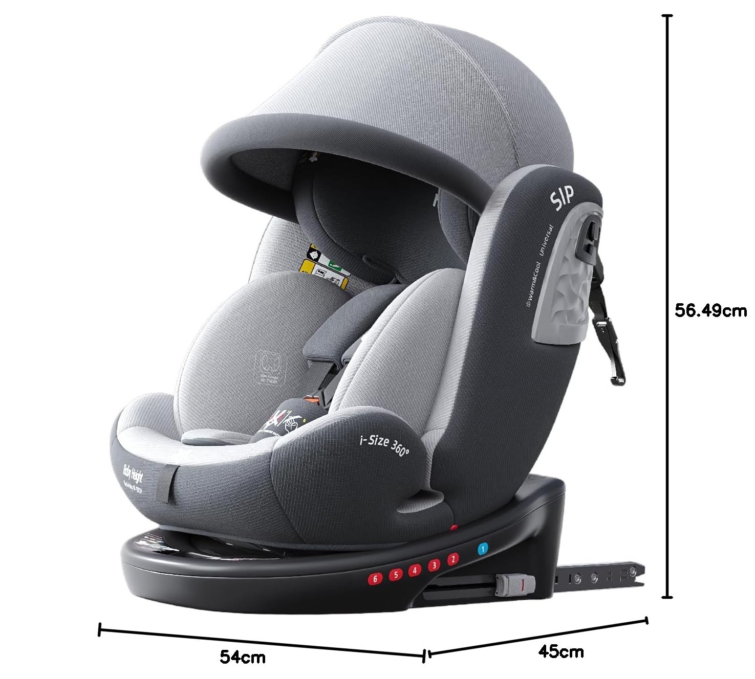Heekin Silla de Coche Giratoria 360° ISOFIX, Grupo 0+/1/2/3, 40-150 cm, 0-36 kg, 0-12 Años, a Contramarcha, 5 Reclinados, Parasol, R129, Gris