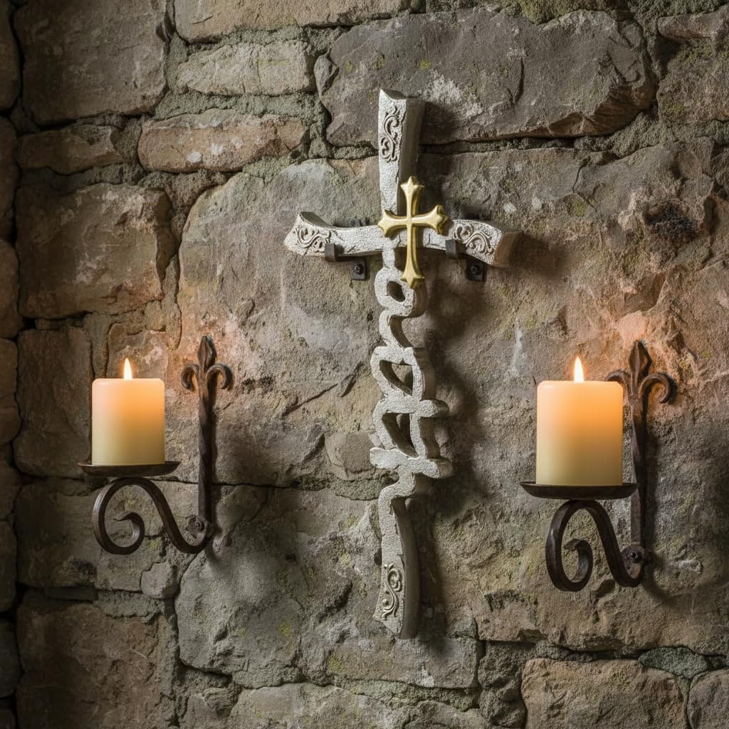 Comfy Hour 12" Stone Gray and Gold Creative Faith Inscribed Religious Wall Cross, Double Cross Antique Vintage Style Home Decor, Baptism Gift