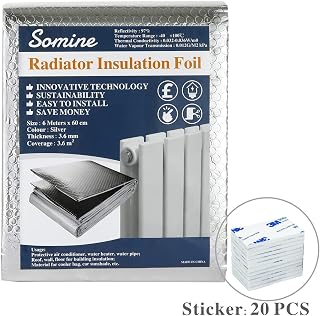 Somine Radiator Bubble Insulation Foil (6M x 60cm) - 3.6mm Thick Heat Reflective Reflector Bubble Foil | Save Energy & Reduce Bills - 1 Pack Insulates 4+ Radiators with 20 Large Self-Adhesive Pads