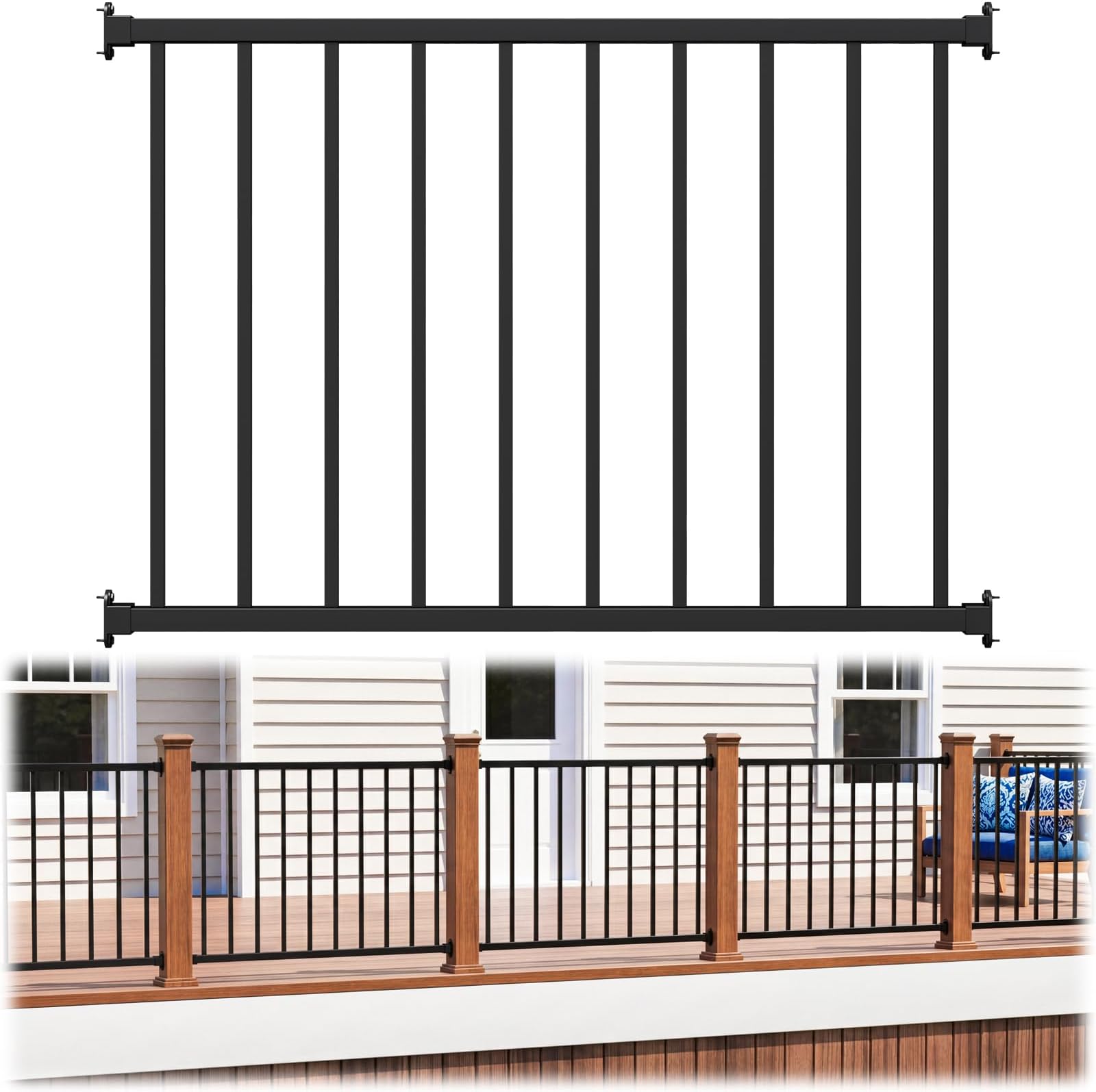 36 in. H x 4 ft. W Modular Aluminum Deck Railing Kits, AAMA 2604–Grade Textured Matte Black Porch Railing Kit, Decking Railings for Outdoor Decks and Porches (1 Panel)