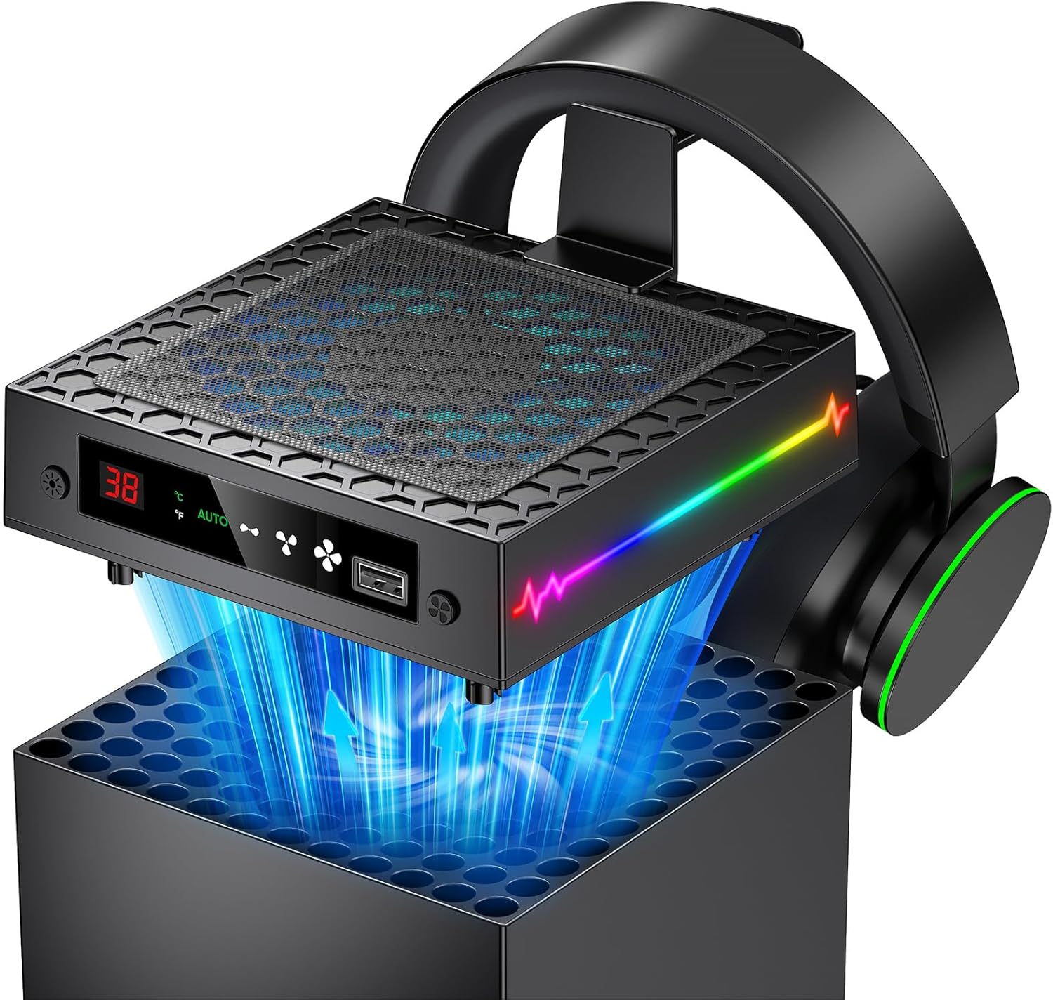 LED Display Auto Cooling Fan for Xbox Series X with 9 RGB Light Modes & Dust Cover, Cooling System Adjustable by Temperature with 4 Gears for Xbox Series X Console, Cooler & Headset Hook, USB Port