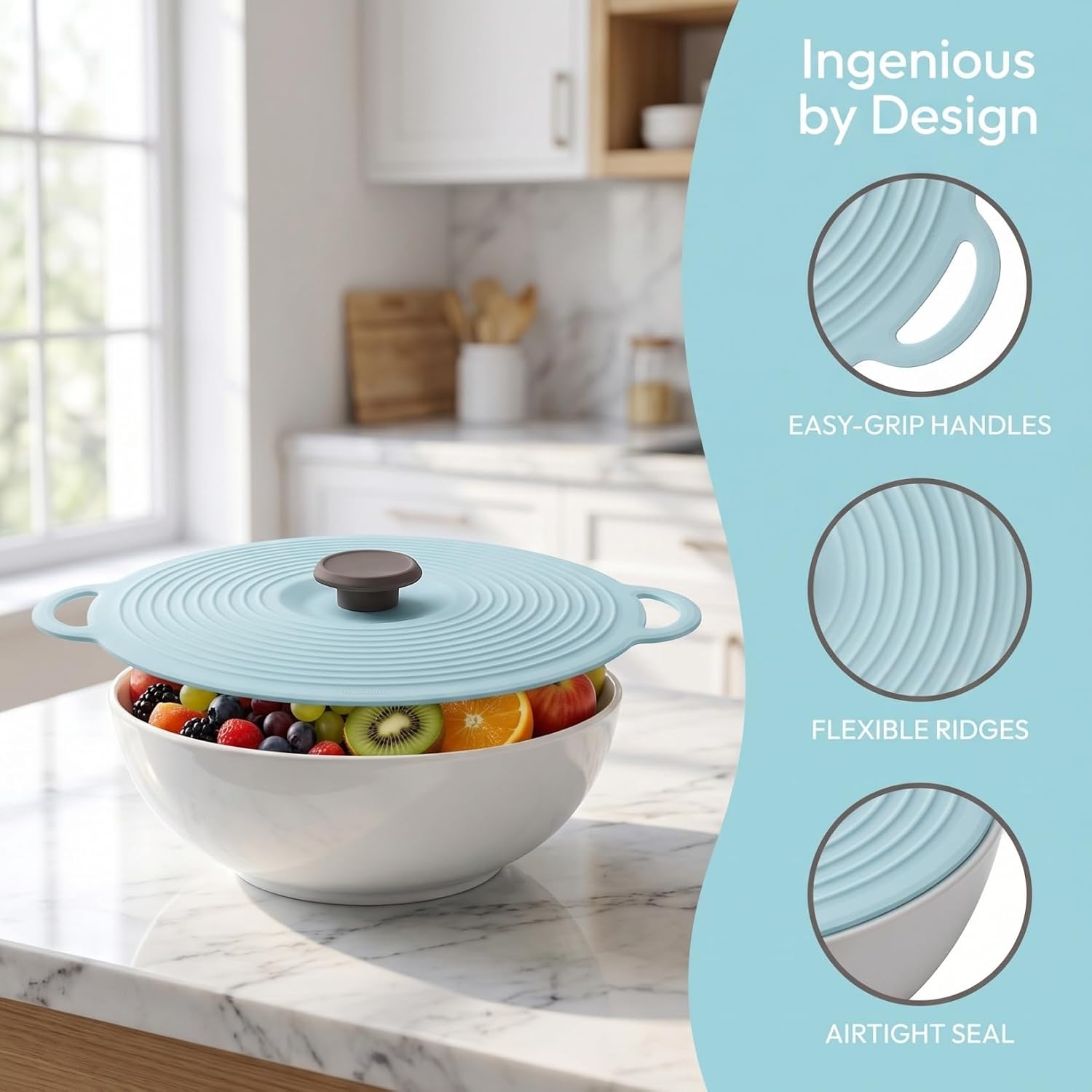 Cabilock Silicone Bowl Cover Airtight Microwave Safe Lid 10.62 X 9.05 in Reusable Food Storage Cover with Handle for Kitchen Bowls