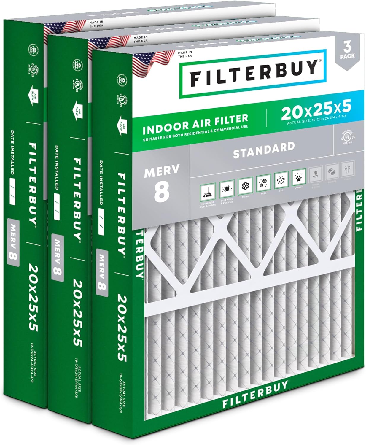 Filterbuy 20x25x5 Air Filter MERV 8 Essential Dust & Allergy Defense (3-Pack), Pleated HVAC AC Furnace Filters for Honeywell FC100A1037, Lennox X6673, and More (Actual Size: 19.88 x 24.75 x 4.38)