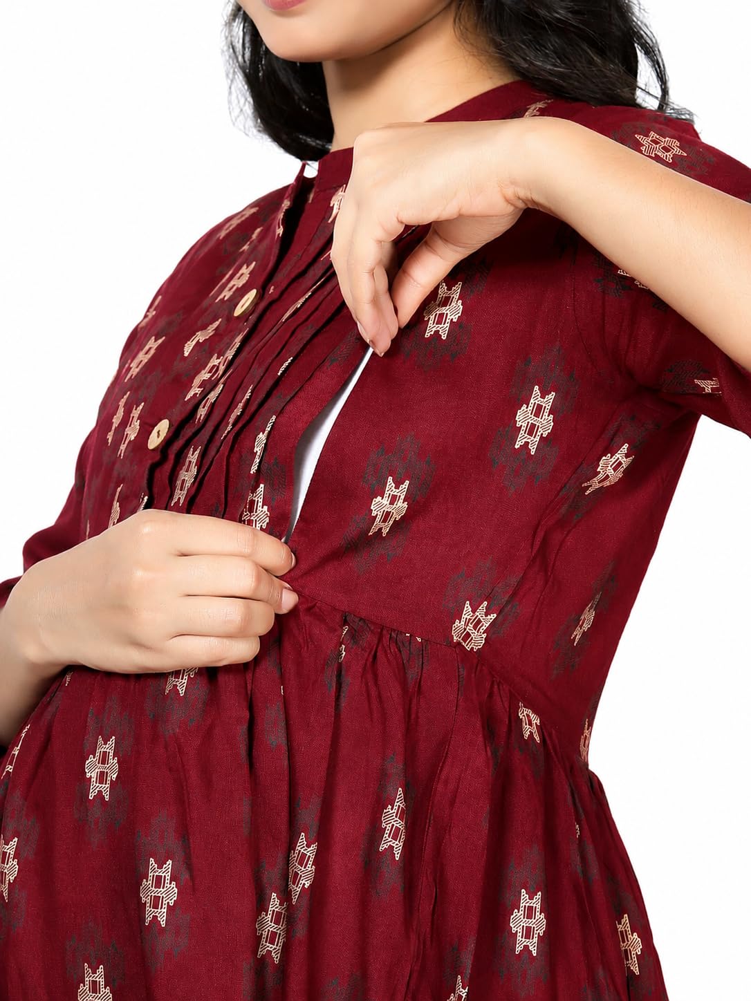 Women's Maternity Printed Rayon Dress | Pregnancy & Feeding Wear | Soft Comfortable Casual Dress | Floral Print | Regular Fit (Maroon)-image-35