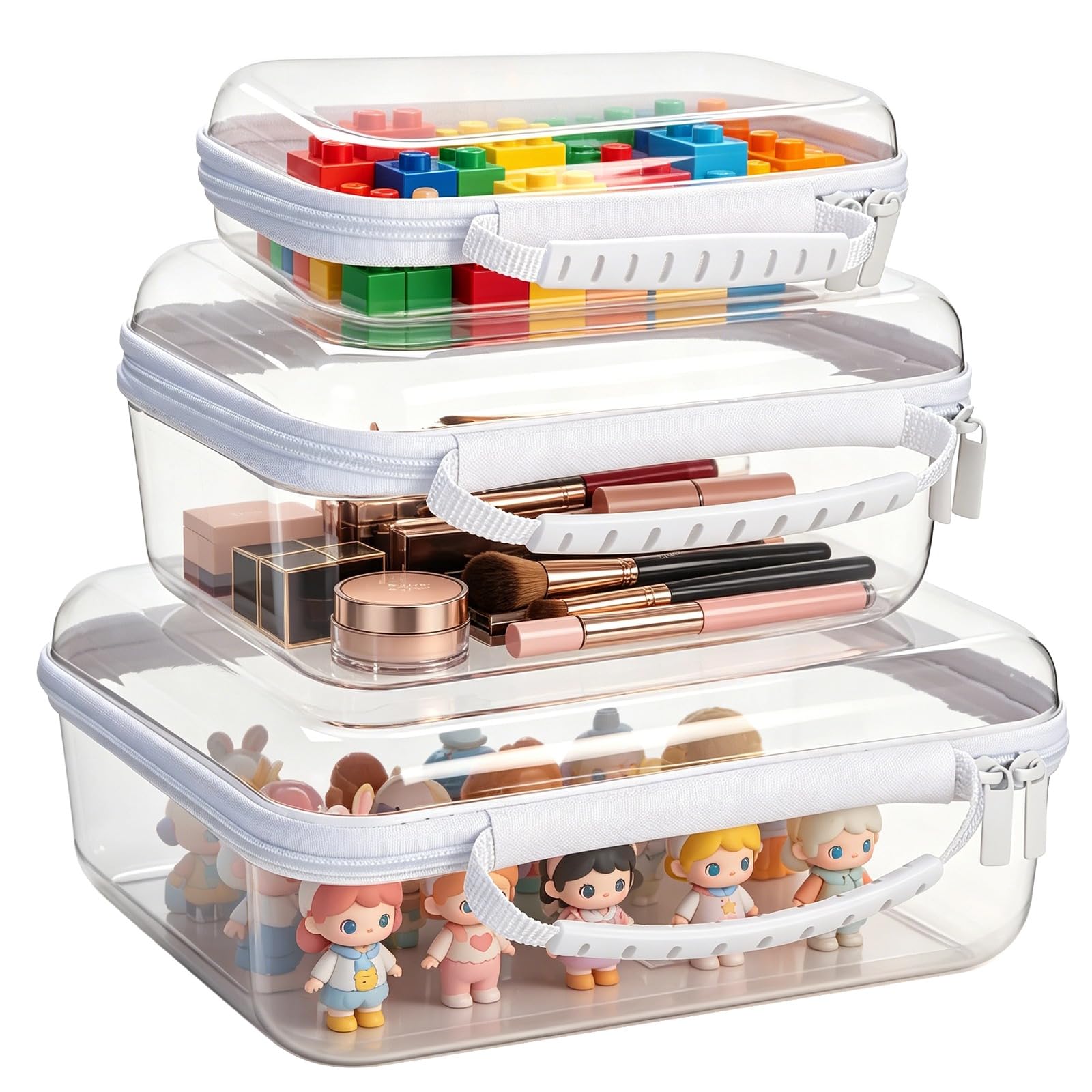 Juego de 3 fundas transparentes rígidas con cremallera, cajas de almacenamiento de plástico transparente para maquillaje, artículos de tocador de viaje, contenedores organizadores portátiles e