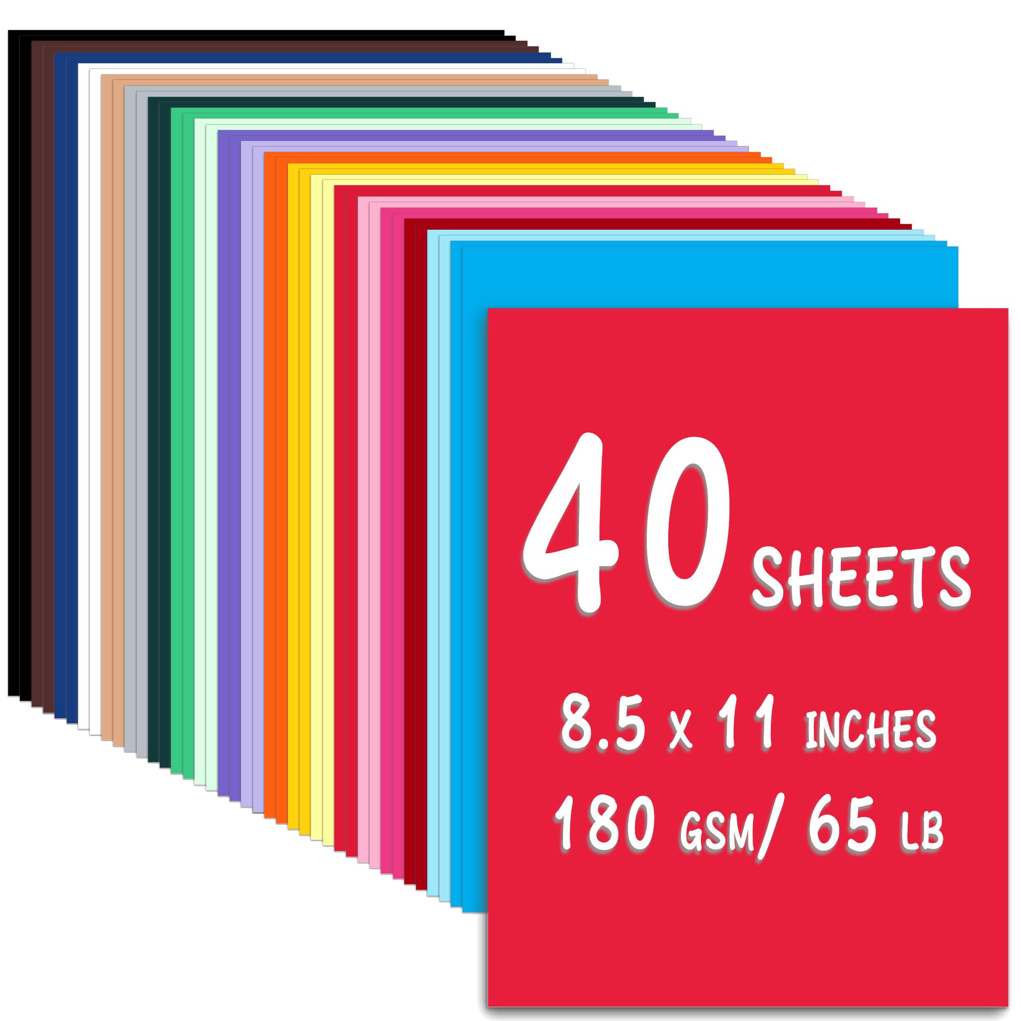 WNSIRVY 40 Sheets 8.5" X 11" Colored Cardstock 180 GSM 65 lb Card Stock Printer Paper, 20 Colors Construction Paper for Postcards Crafts Scrapbooking Handmade Cards