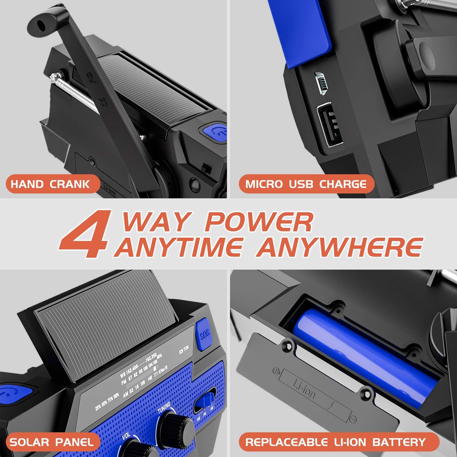 Holiday Deals 🛒 Emergency Radio Hand Crank Solar, 4000mAh Portable Weather Radio, NOAA Weather Radio, Outdoor Radio with Flashlight & Motion Sensor Reading Lamp, Solar Cell Phone Charger, SOS Alarm(Blue)
