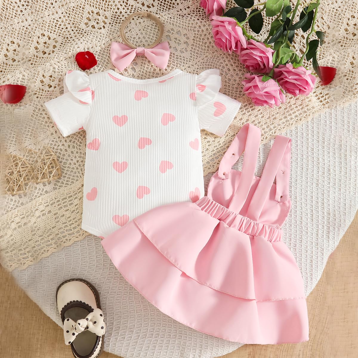 Ensemble Bébé Fille d'été Haut à Manches Courtes Imprimé Mignon+ Salopette à Bretelles Jupe + Bandeau 3 pièces Nouveau-né Vêtements Set 0-18 Mois