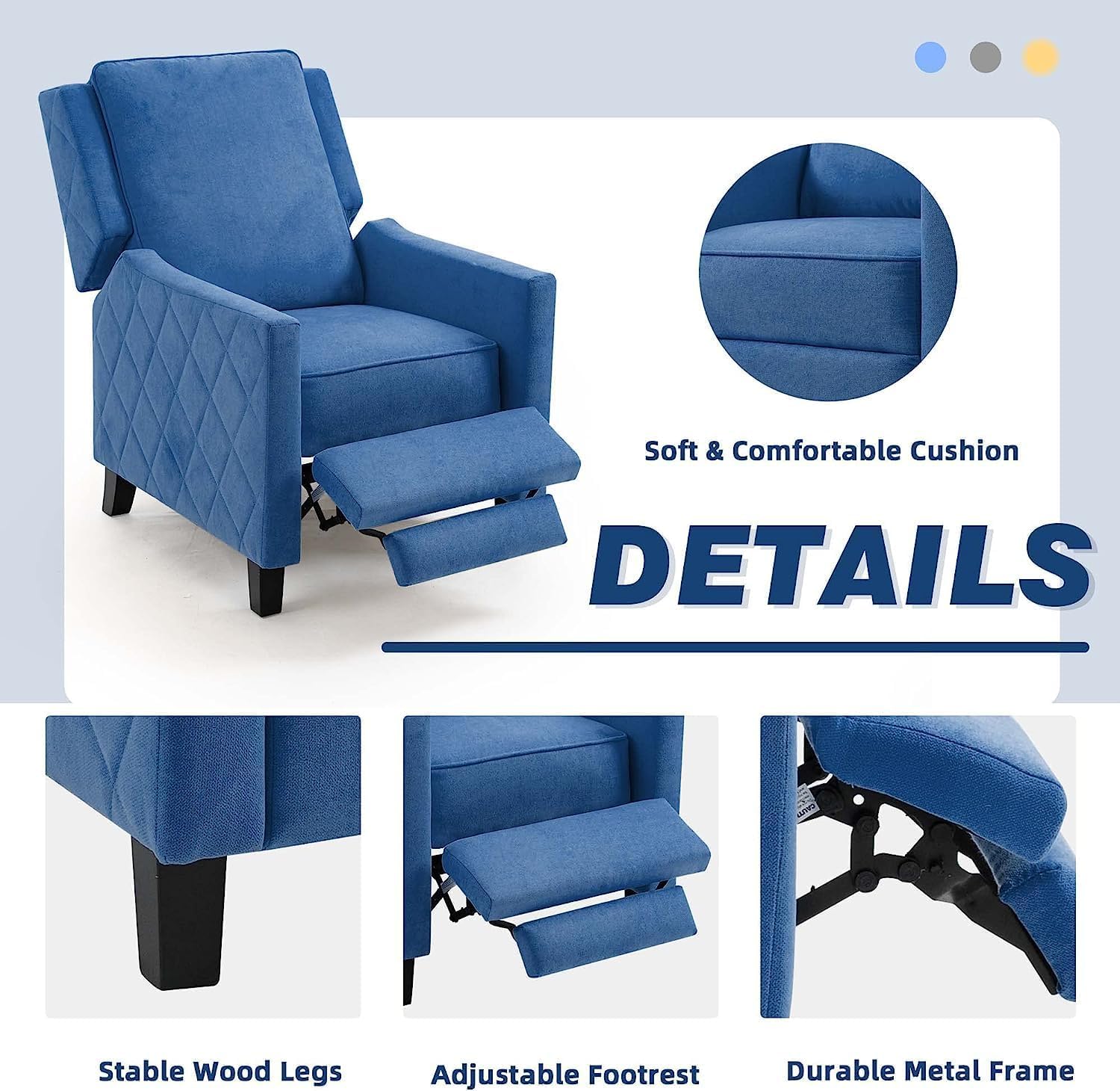 AVAWING 2 Pieces Push Back Recliner Chair, Wingback Chairs with Armrests, Mid-Century Modern Accent Chair for Living Room, Bedroom, Study Room, Polyester, Blue