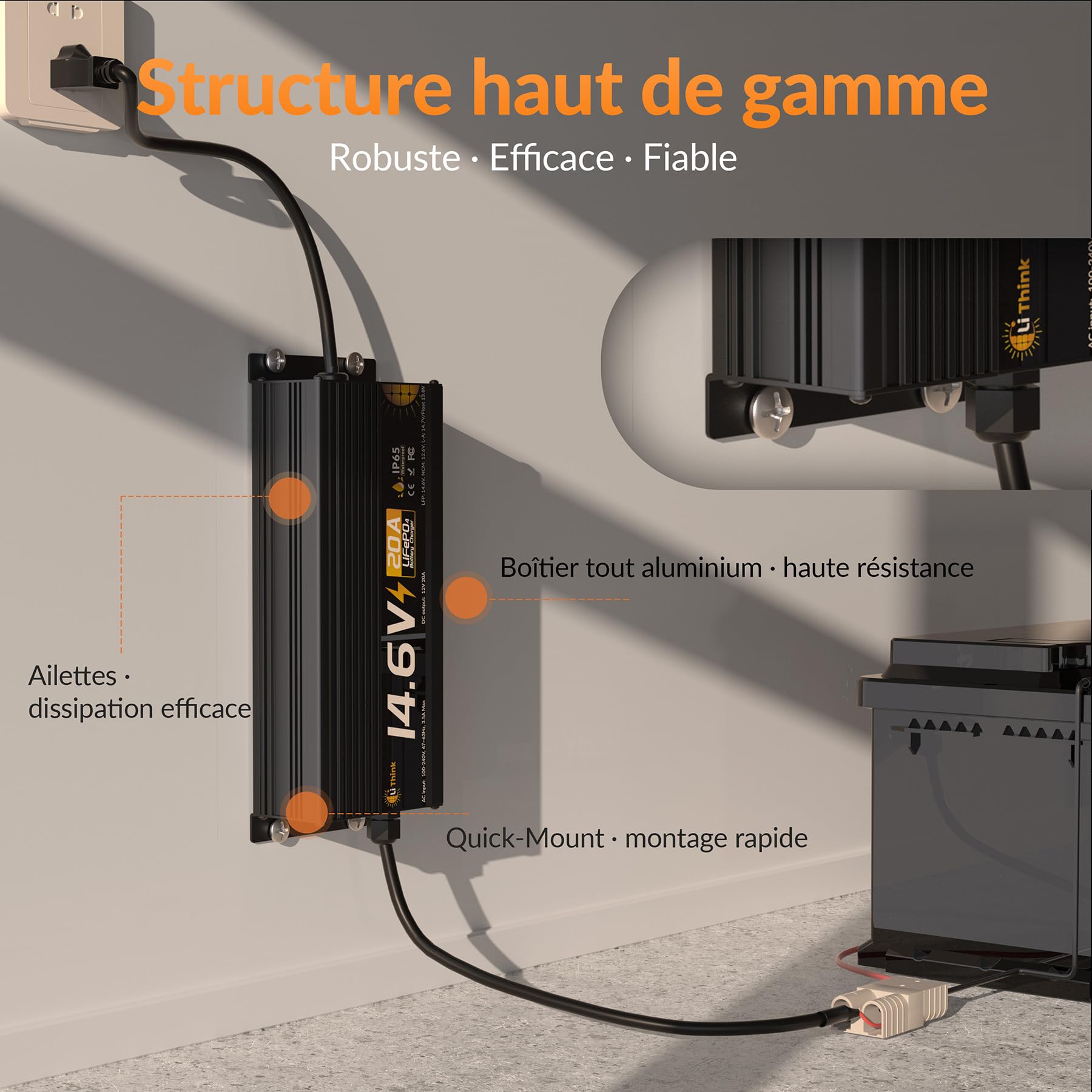 Chargeur de Batterie Lithium 14,6V 20A pour Batterie LiFePO₄ 12V