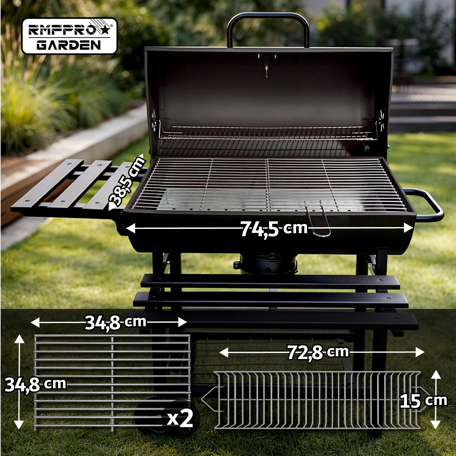 RMF Barbecue a Carbonella con Griglia XL con Termometro Integrato - Kit Accessori e Copertura inclusi, Carrello in Acciaio Resistente con Ruote, Ripiani Laterali Pieghevoli, Cassetto Raccogli-Cenere