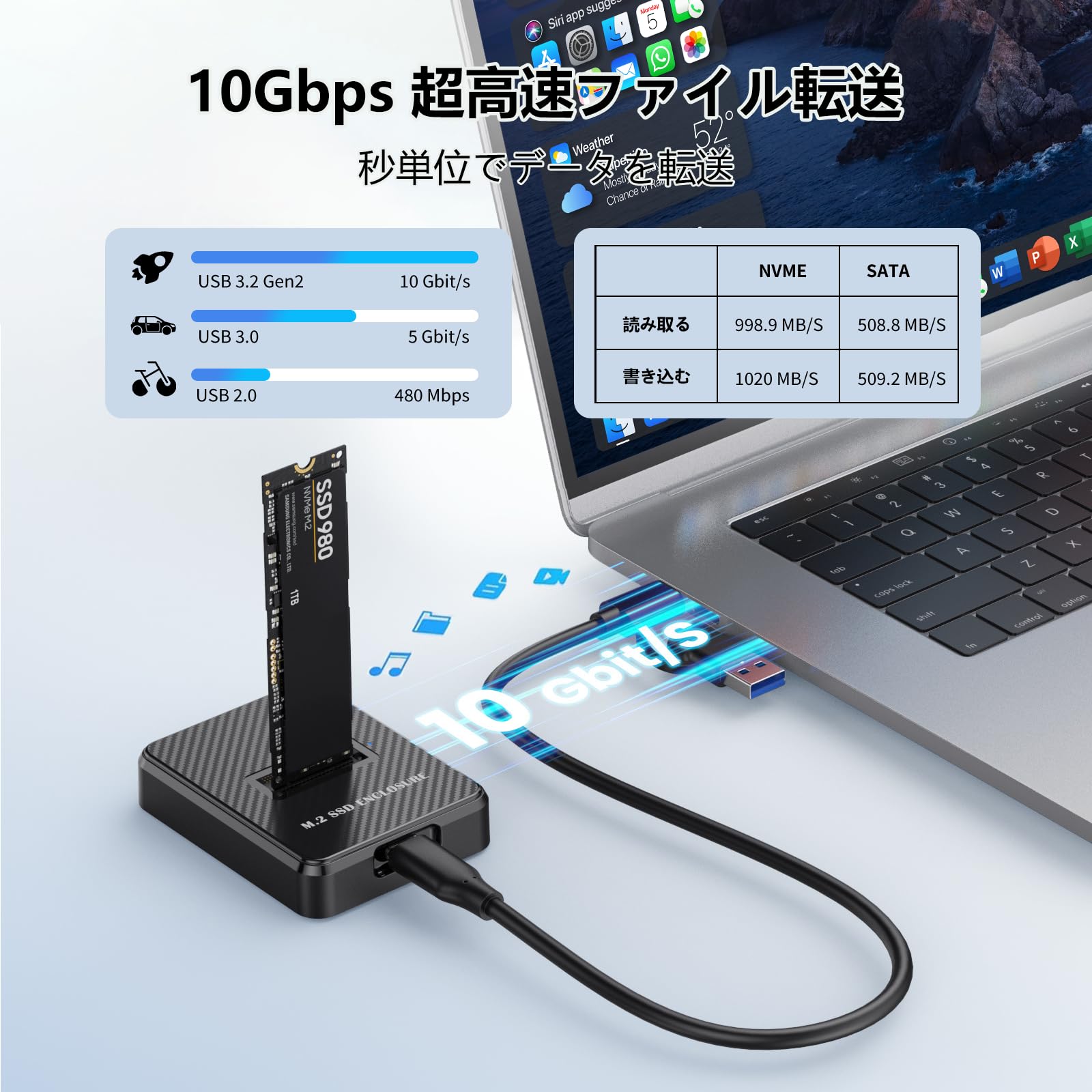 M.2 SSD 外付けケース NVMe/SATA 両対応 USB 3.2 Gen2 10Gbps アルミ筐体 M キー / B+M キー対応 2230/2242/2260/2280 SSD 対応 プラグアンドプレイ