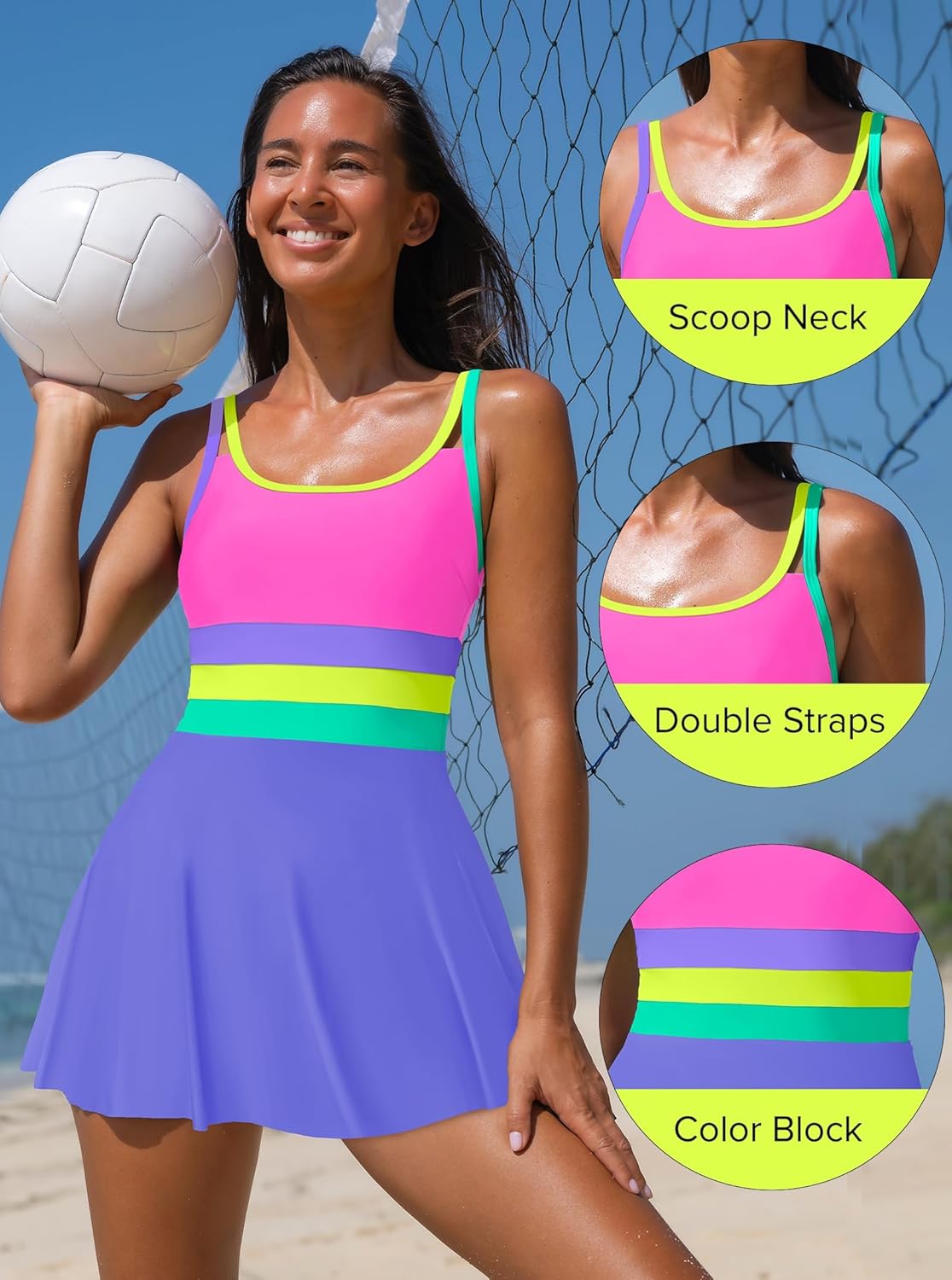 popvil Women One Piece Swimsuit 2026 Tummy Control Bathing Suit Neon Modest Swim Dress with Skirt Full Coverage - Image 8