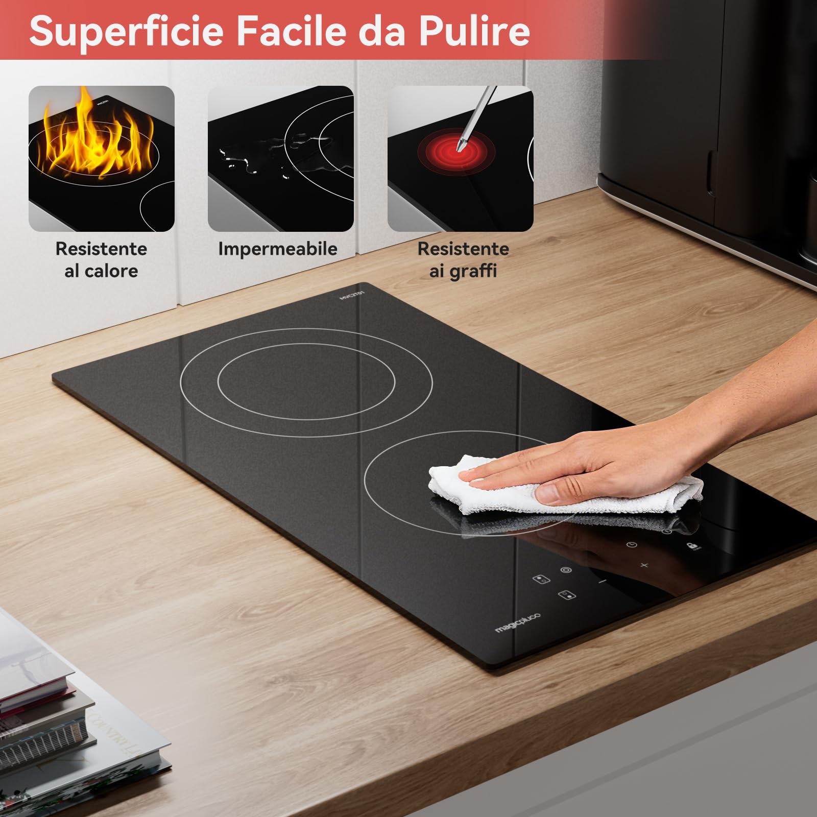magicplux Piastra Cottura Vetroceramica 2 Zone, 3400 W, 29,5 cm, 9 Livelli di Calore, Controllo Tattile, Blocco Bambini, Timer 1-99 Min, Compatibile con Tutte le Pentole, con Spina