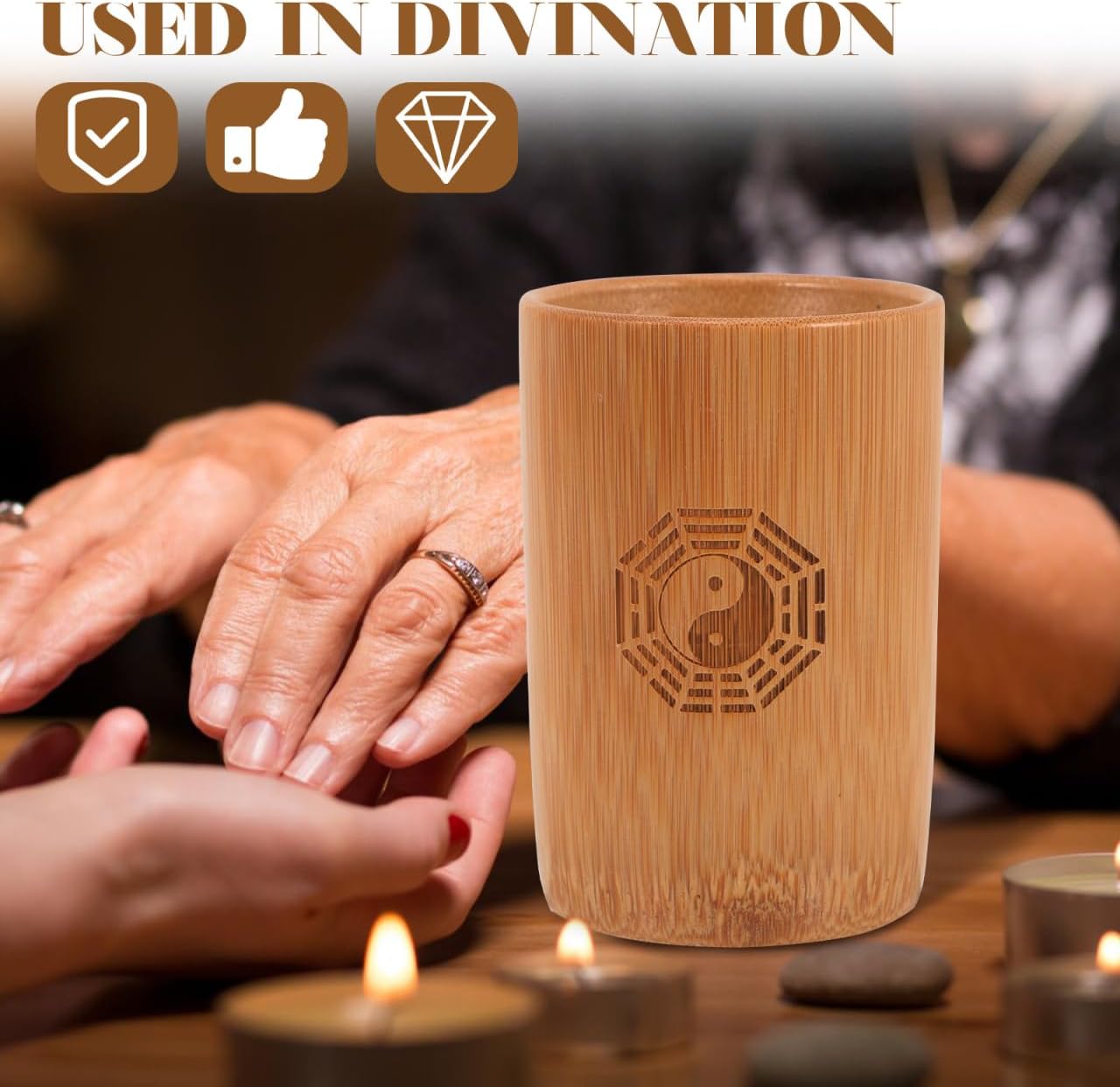 Abaodam Bamboo Divination Prop with Copper Coins I Ching Fortune Game Bucket 3.93X2.75X2.75 Inch for Buddhist Temple and Family Entertainment