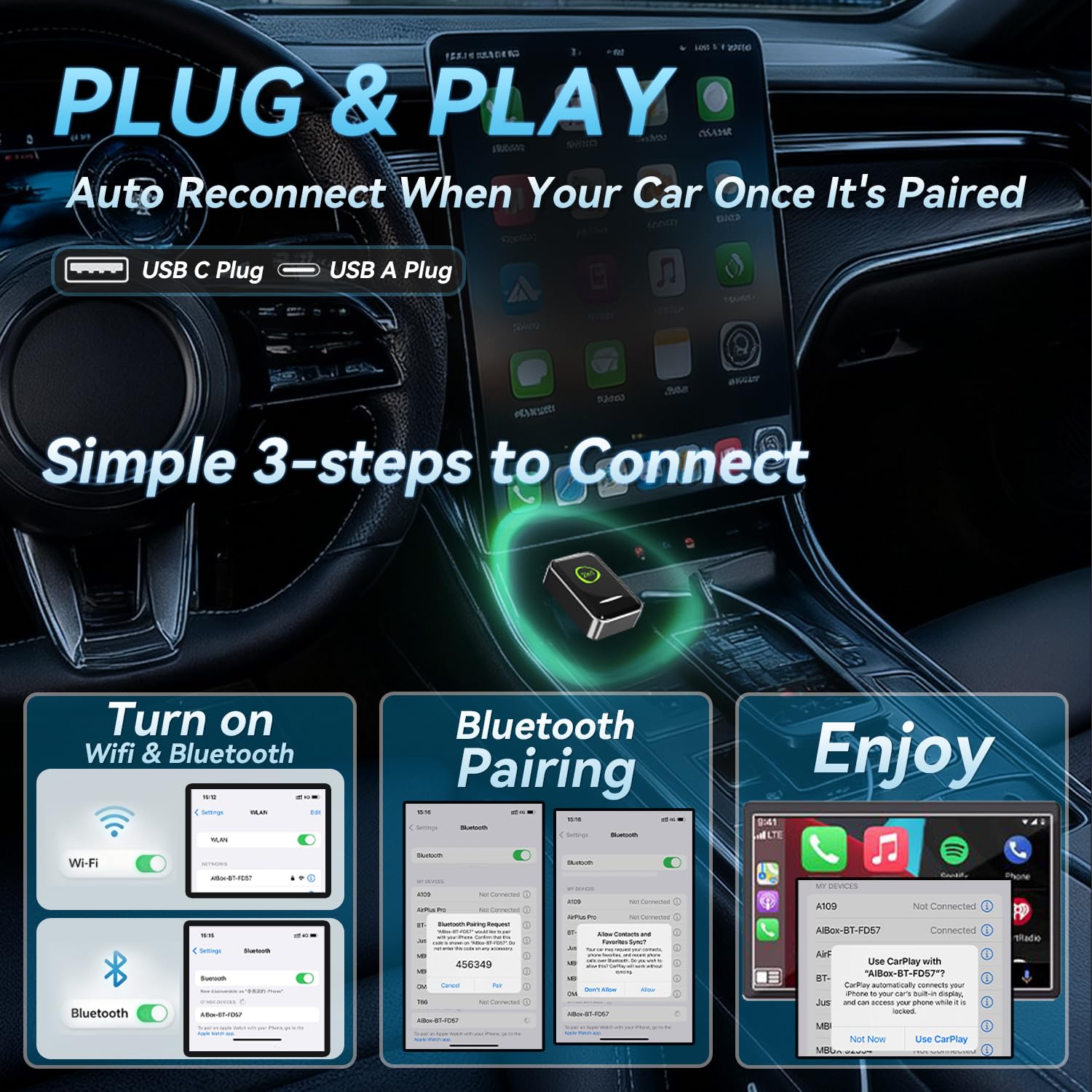 Bezprzewodowy adapter CarPlay z 2025 r., mini konstrukcja USB do samochodów z wbudowanym przewodowym Apple CarPlay, 2 w 1, Plug and Play, łatwe w użyciu, szybkie stabilne połączenie, gra samochodowa