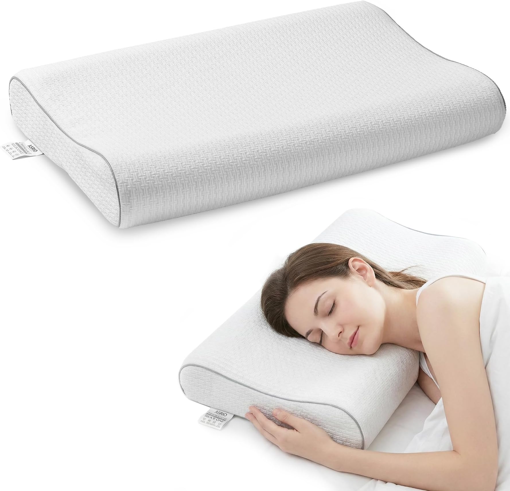 Cooling Silicone Contour Pillow, Dual Height Ergonomic Neck Support Pillow for Side & Back Sleepers, Breathable Washable Medium Firm Bed Pillow, Standard Size