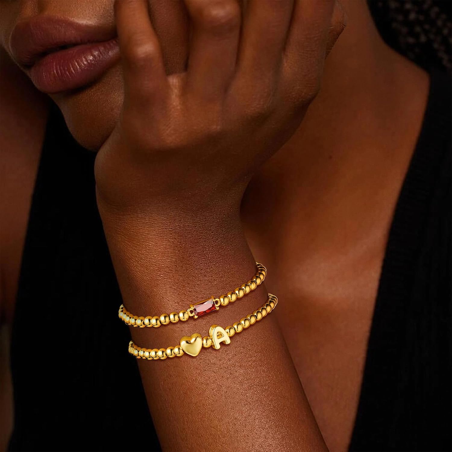 Turandoss Birthstone Beaded Bracelets for Women – Dainty 14K Gold Plated Heart Initial A-Z Charm Birthstone Bracelets, Stackable Waterproof Strand Bead Ball Bracelet Jewelry Birthday Christmas Gifts - Image 2