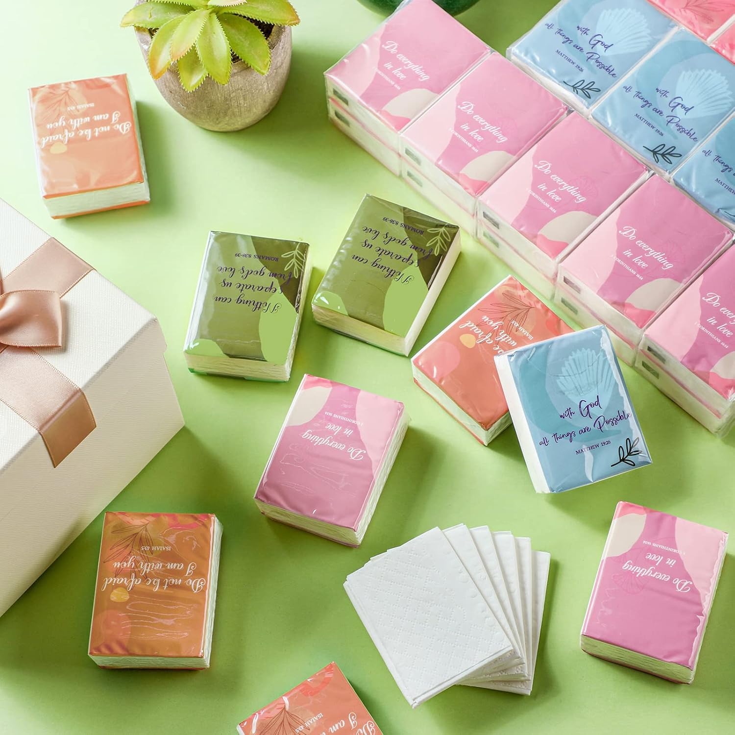 TaoBary 120 Pack Christian Travel Pocket Tissues 3 Ply Bible Verse Inspirational Gifts Cna Week Gift Bulk Facial Tissues Individual Pack with Motivational Quotes for Wedding Church